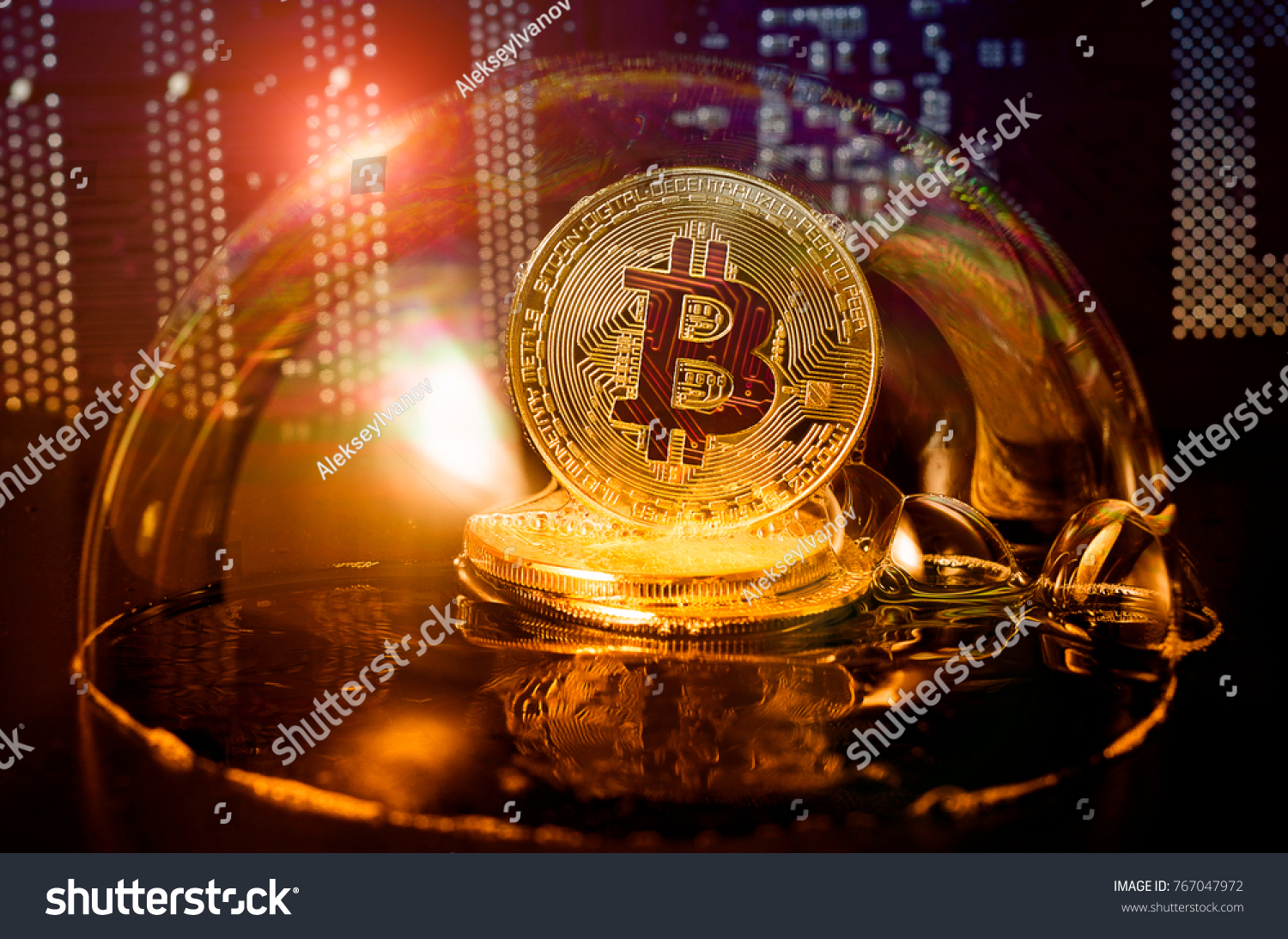 Bitcoin in a soap bubble on video card background. Dangers and risks of investing to bitcoin. Speculation #767047972