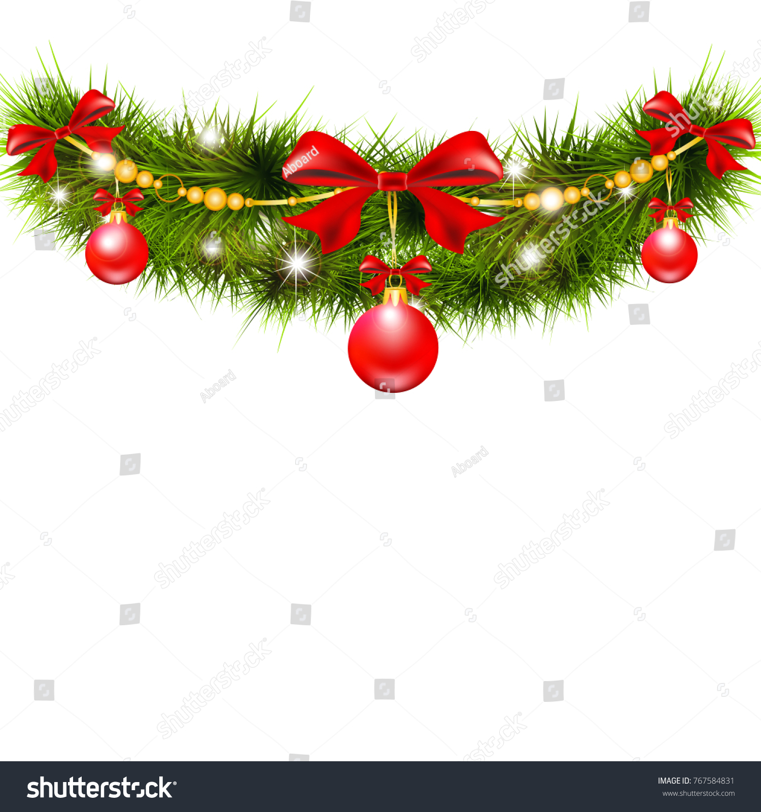 Christmas garland, balls,red bows, on a white #767584831