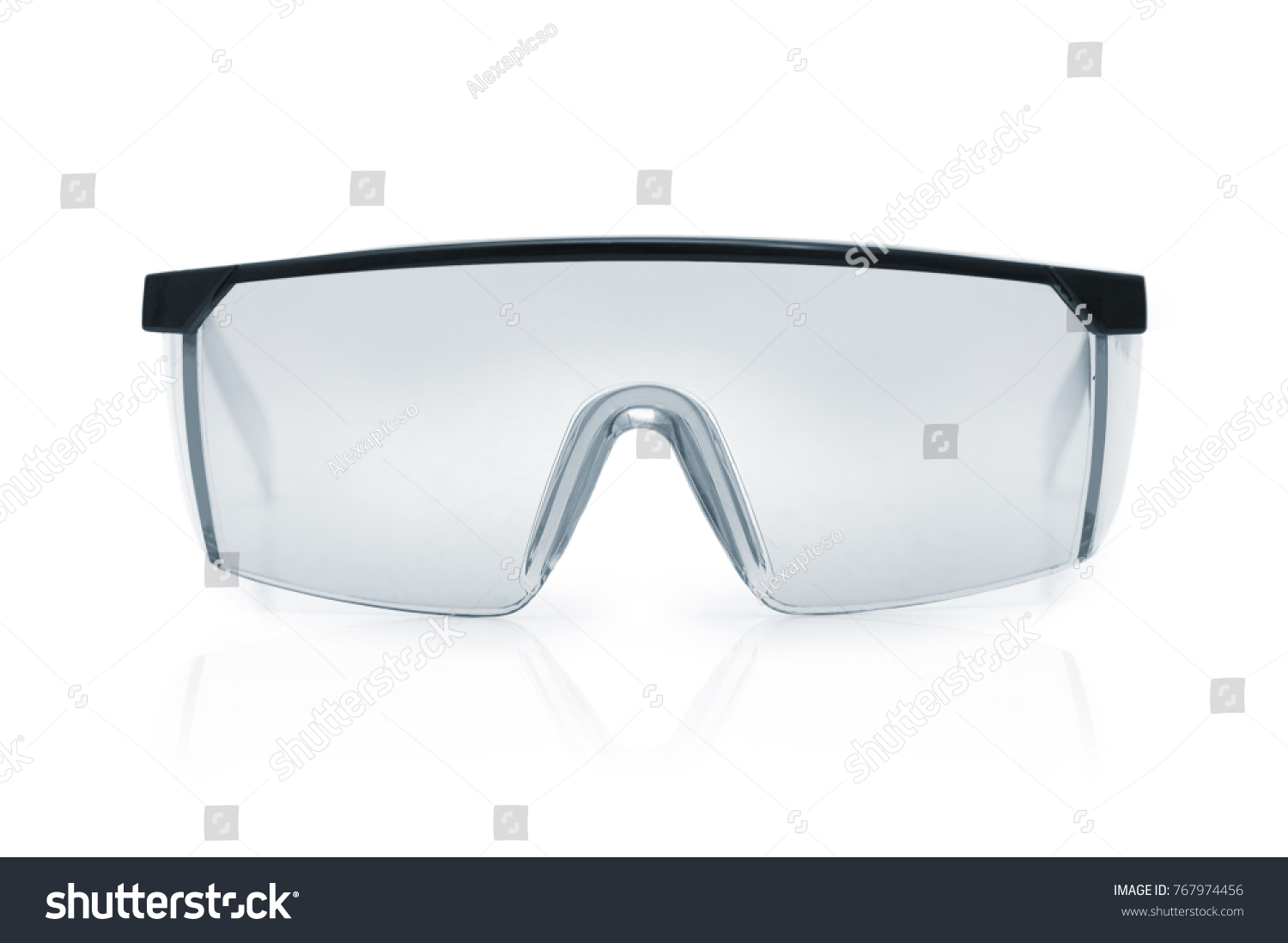 Goggles or Safety Glasses. Protective workwear to protect human eyes. Single object isolated over a white background. #767974456