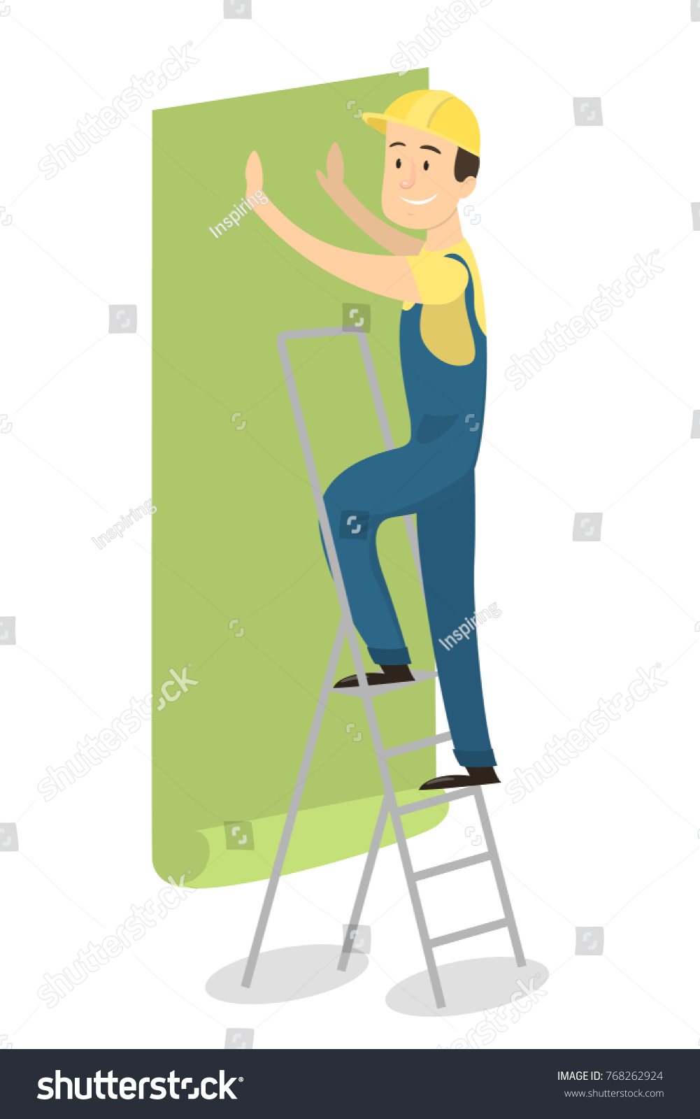 Worker on ladder gluing wallpapers on the wall. - Royalty Free Stock