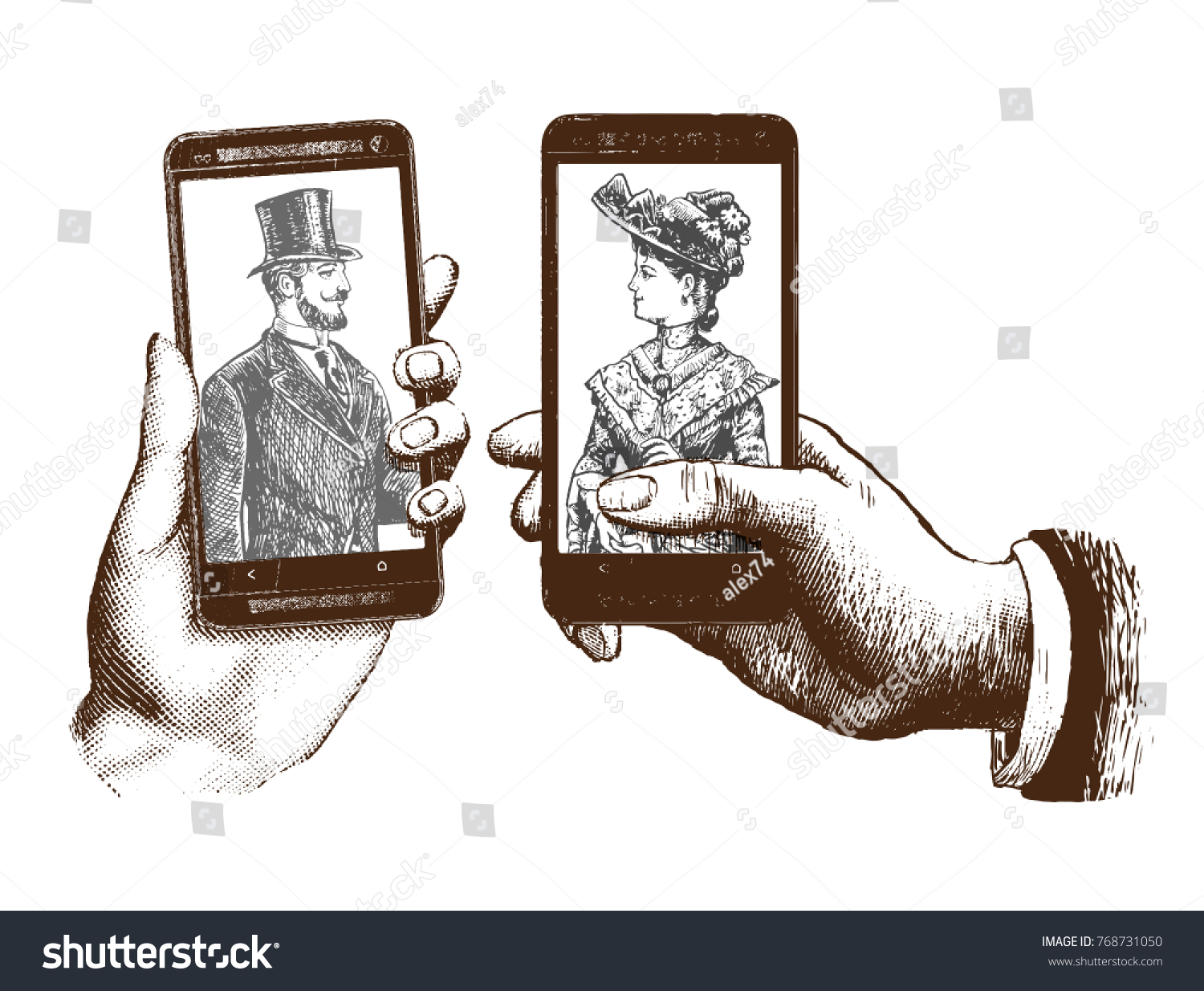 lady and gentleman taking selfie template with hand holding mobile with photo. Hand drawn engraving style pen crosshatch hatching paper painting retro vintage vector lineart illustration of the modern #768731050