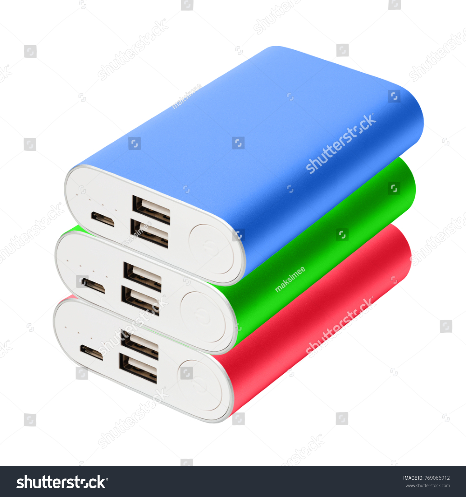 Three color portable chargers lie on one on one isolated on white background.  Green, red, blue powebanks for charging gadgets: phones, tablets, etc.
 #769066912
