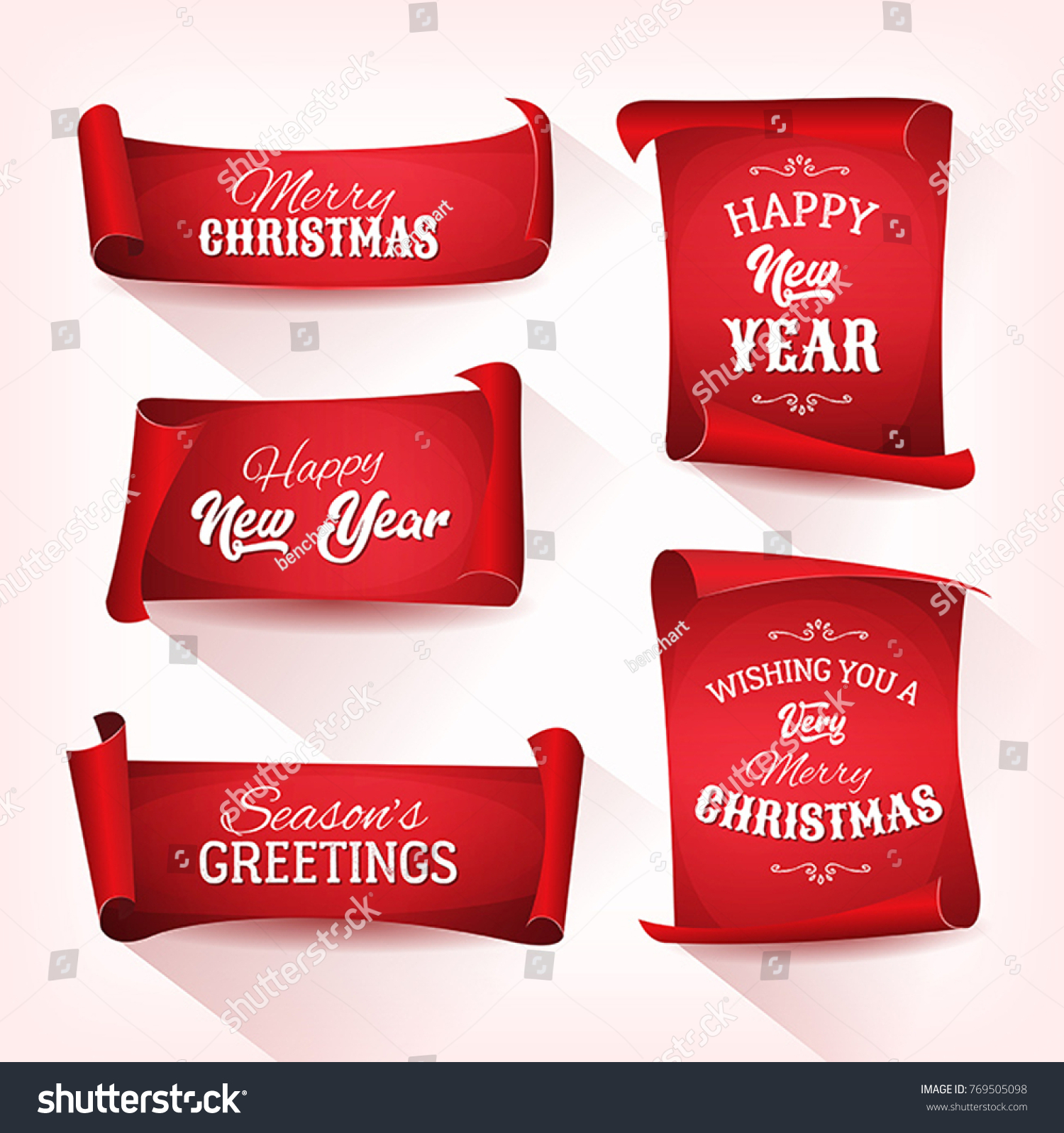 Collection of Christmas Parchment Scroll/
Illustration of a set of christmas and happy new year banners on red parchment scroll, for december and winter holidays #769505098