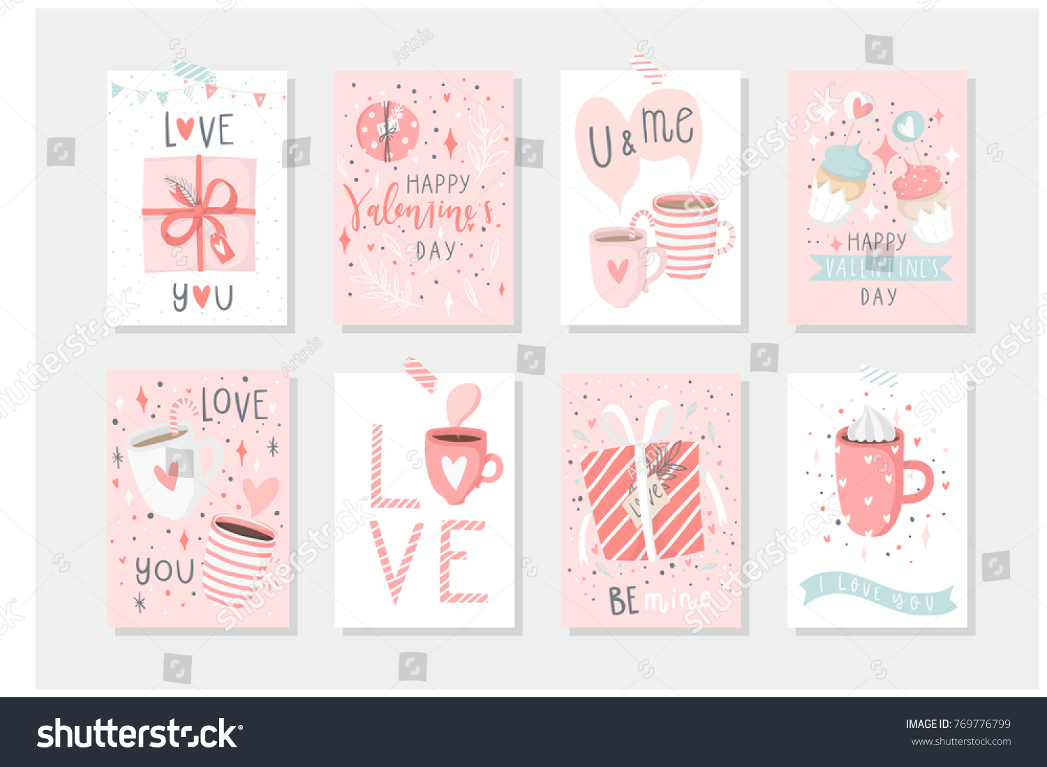 Set of 8 cute gift romantic postcards with penguins Gifts, hearts, cups and magic Vector printable collection of pink Valentine's Day card, invitation, poster in gentle colors template design  #769776799