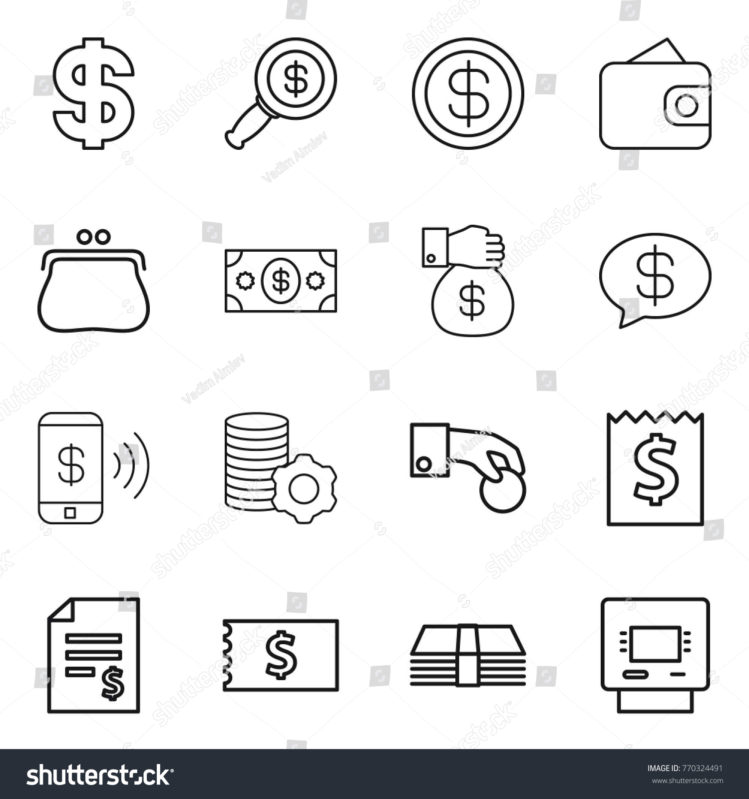 Thin line icon set : dollar, magnifier, wallet, purse, money, gift, message, phone pay, virtual mining, hand coin, receipt, account balance, atm #770324491