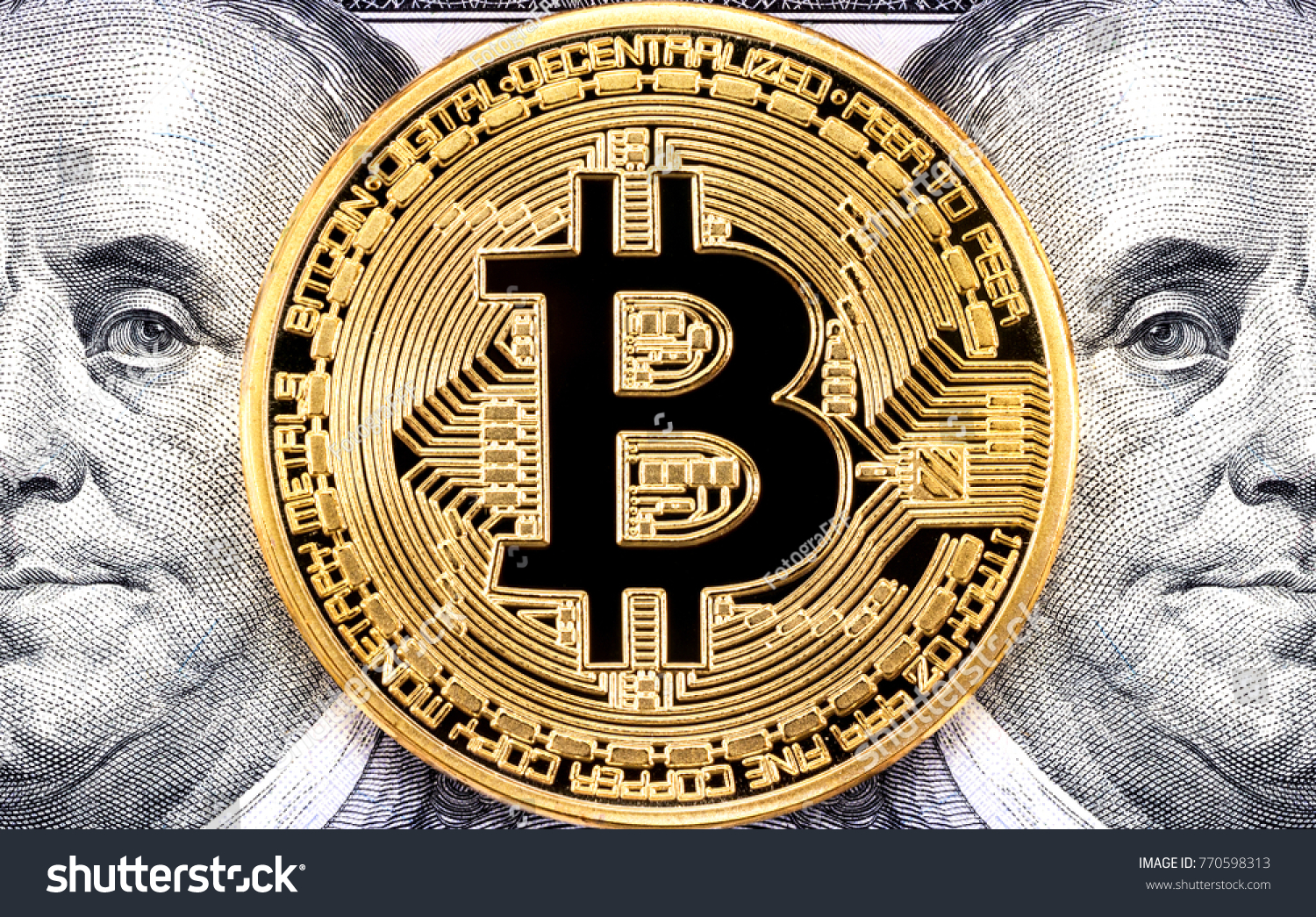 Golden bitcoin with Benjamin Franklin portrait from one hundred american dollars. Business concept of worldwide cryptocurrency #770598313