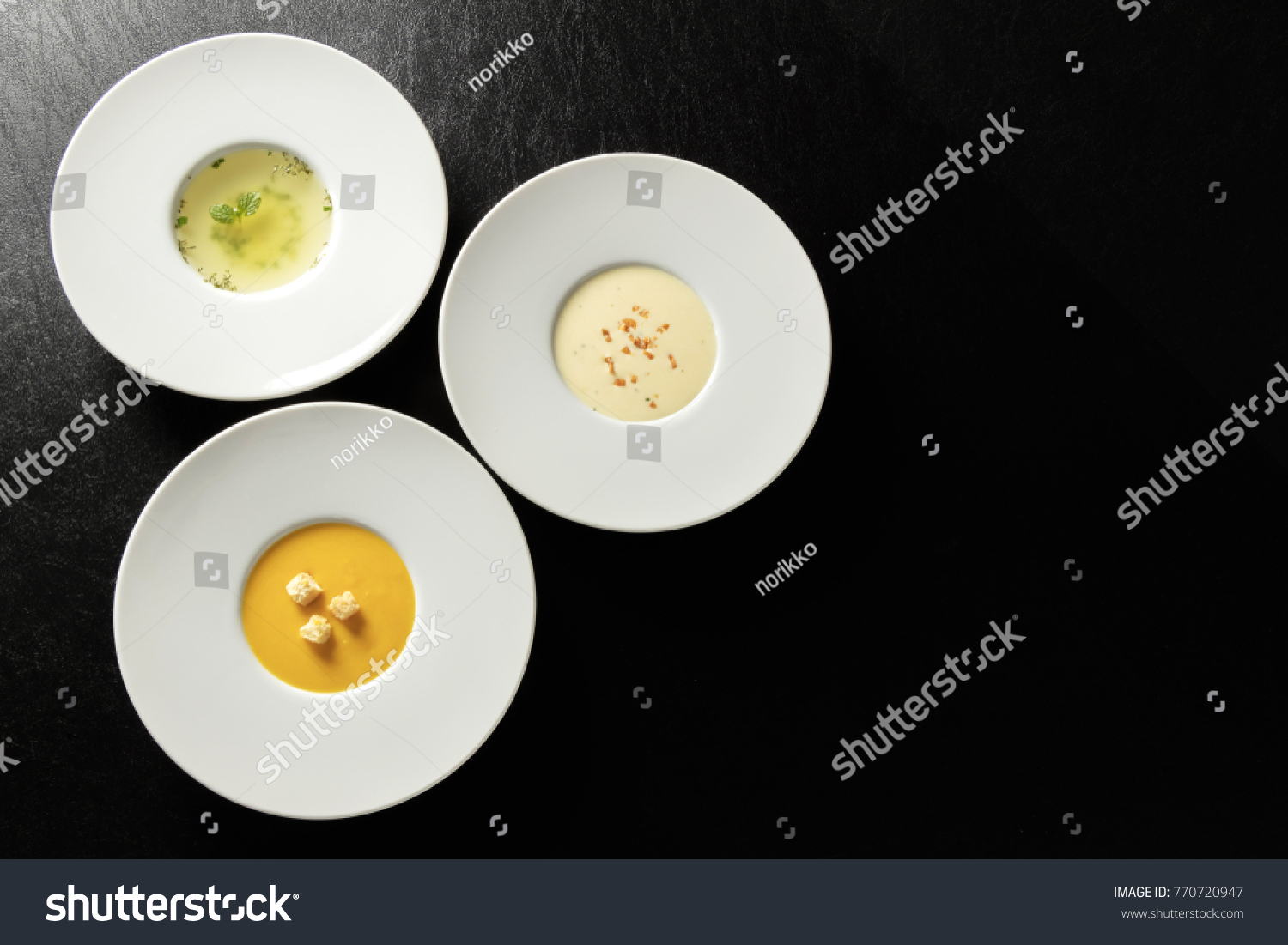 Three kinds of soup, Vichyssoise Consomme(clear), potage #770720947