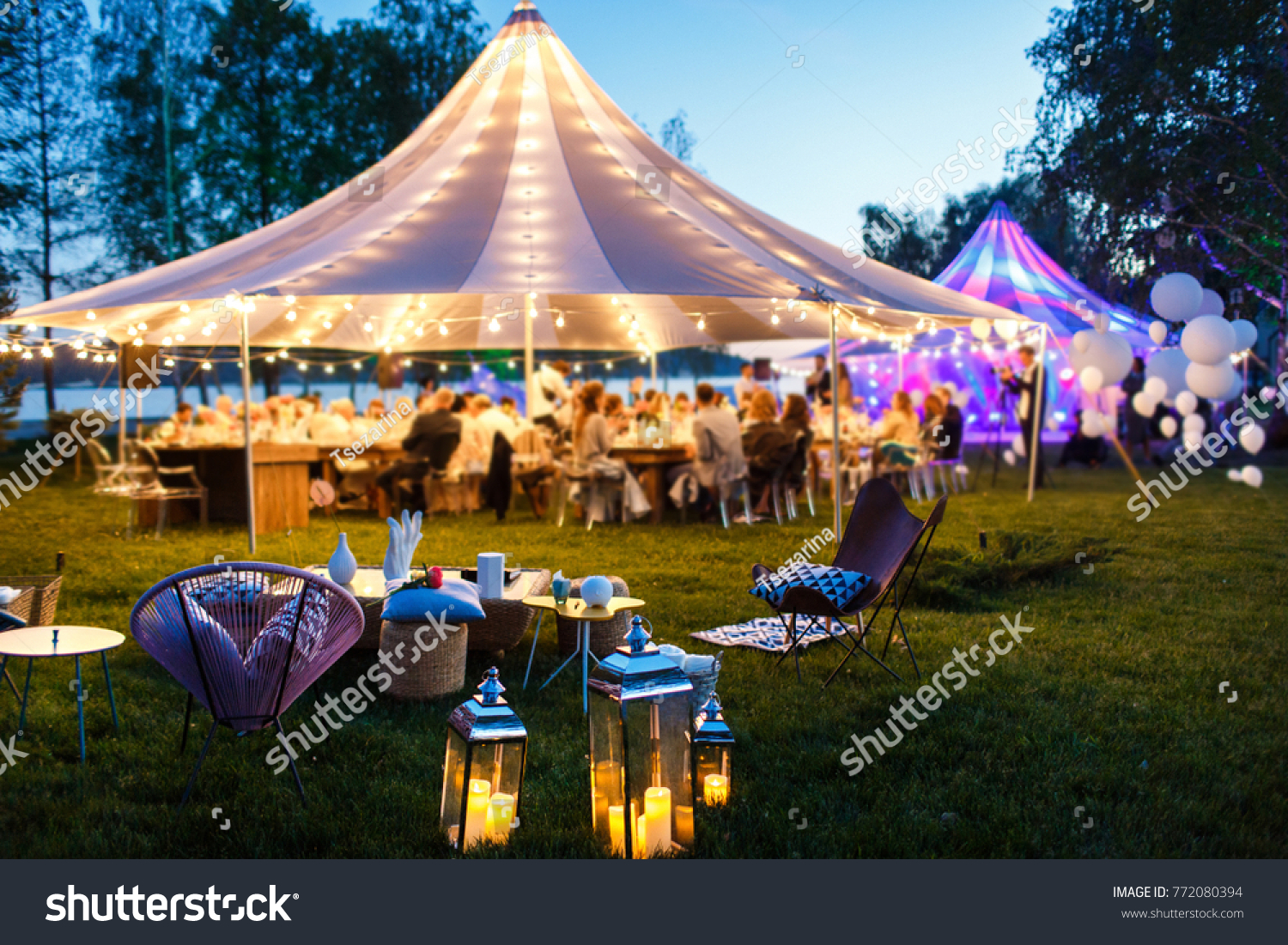 Colorful wedding tents at night. Wedding day. #772080394