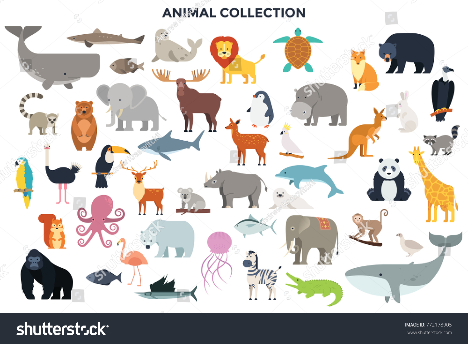 Big collection of wild jungle, savannah and forest animals, birds, marine mammals, fish. Set of cute cartoon characters isolated on white background. Colorful vector illustration in flat style. #772178905