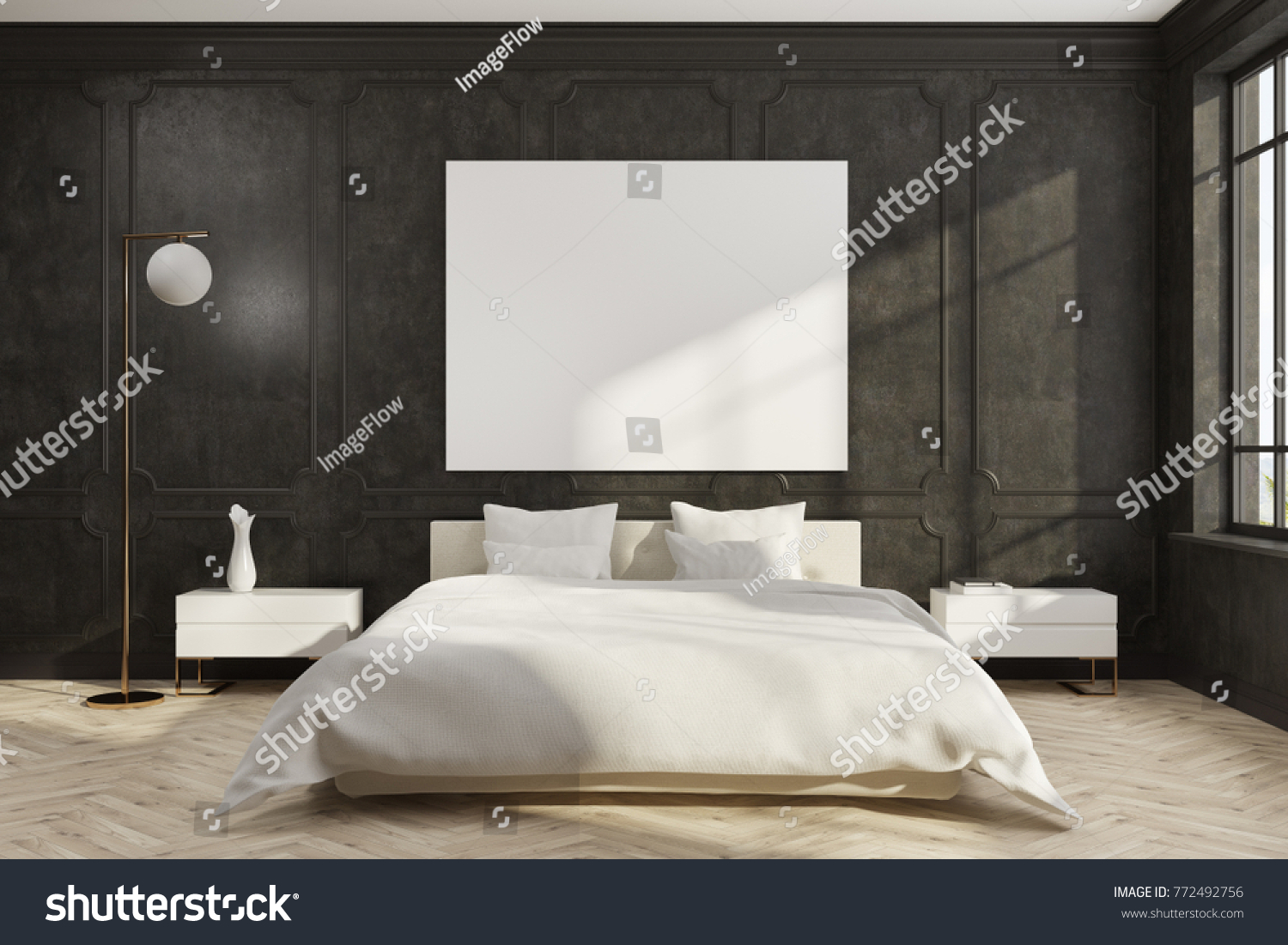 Black bedroom interior with a wooden floor, a white master bed, two bedside tables and a poster. 3d rendering mock up #772492756