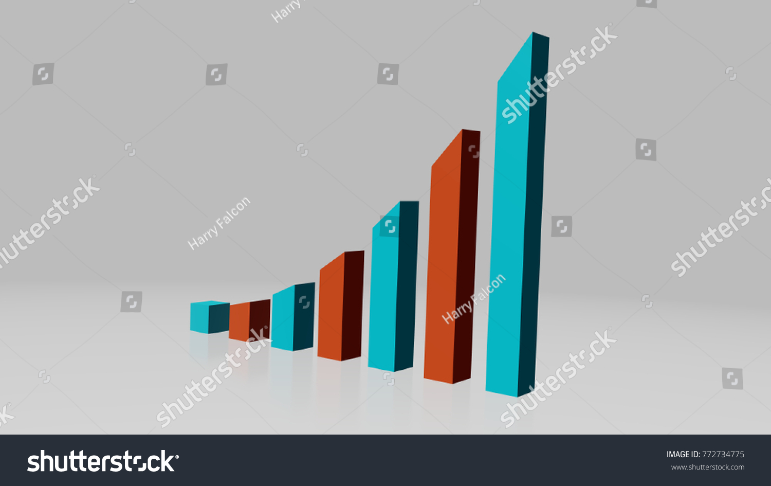 Business graph showing upwards trend with red and blue bars, foreshortening from the right. #772734775