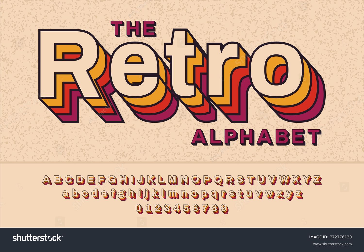 Retro Font 90's, 80's with colorful layers and VHS effect. Vector abc alphabet #772776130