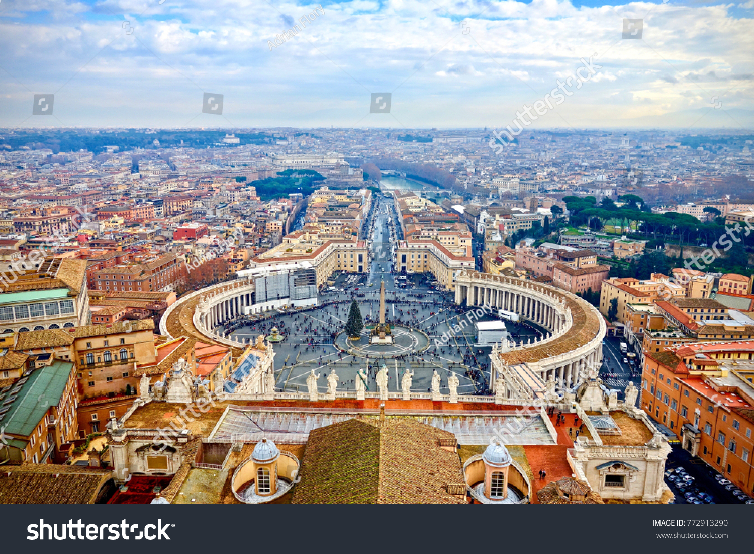 Saint Peters Square in the Vatican and an aerial view of the rooftops of Rome, Italy in a travel and tourism concept #772913290