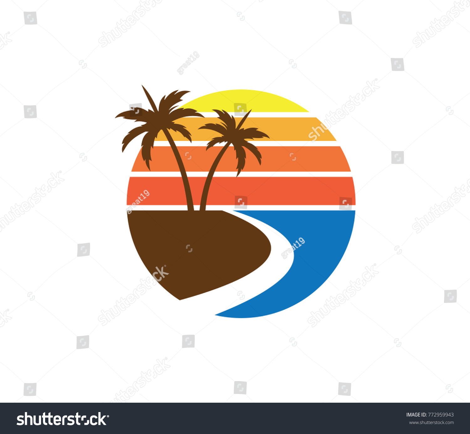 sun beach ocean palm tree vector logo design Royalty Free Stock