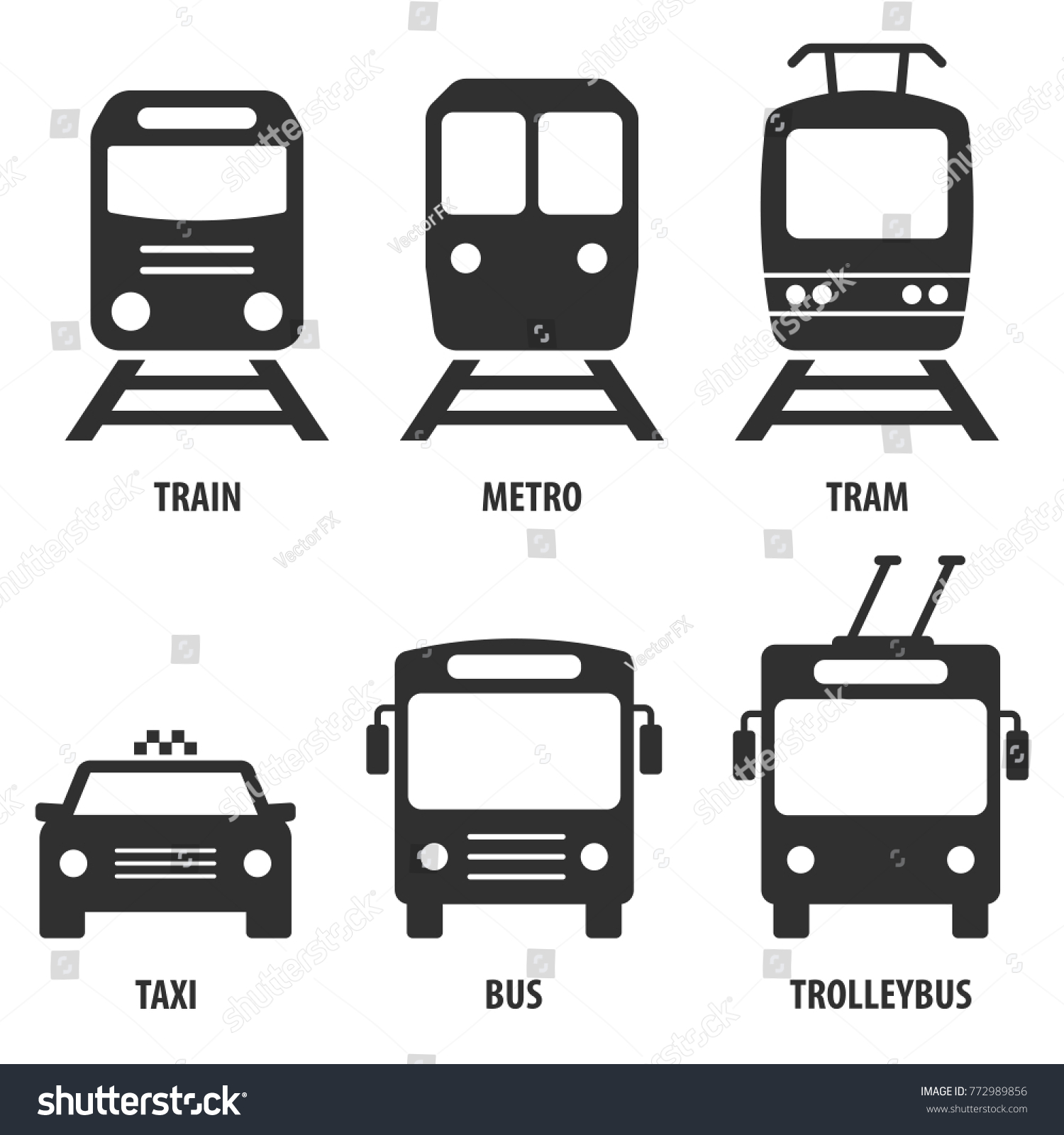 Train, metro, tram, bus, trolleybus, taxi. Set of passenger transport vector icons. Black symbols isolated on white. Signs for public transport stops and schemes. #772989856