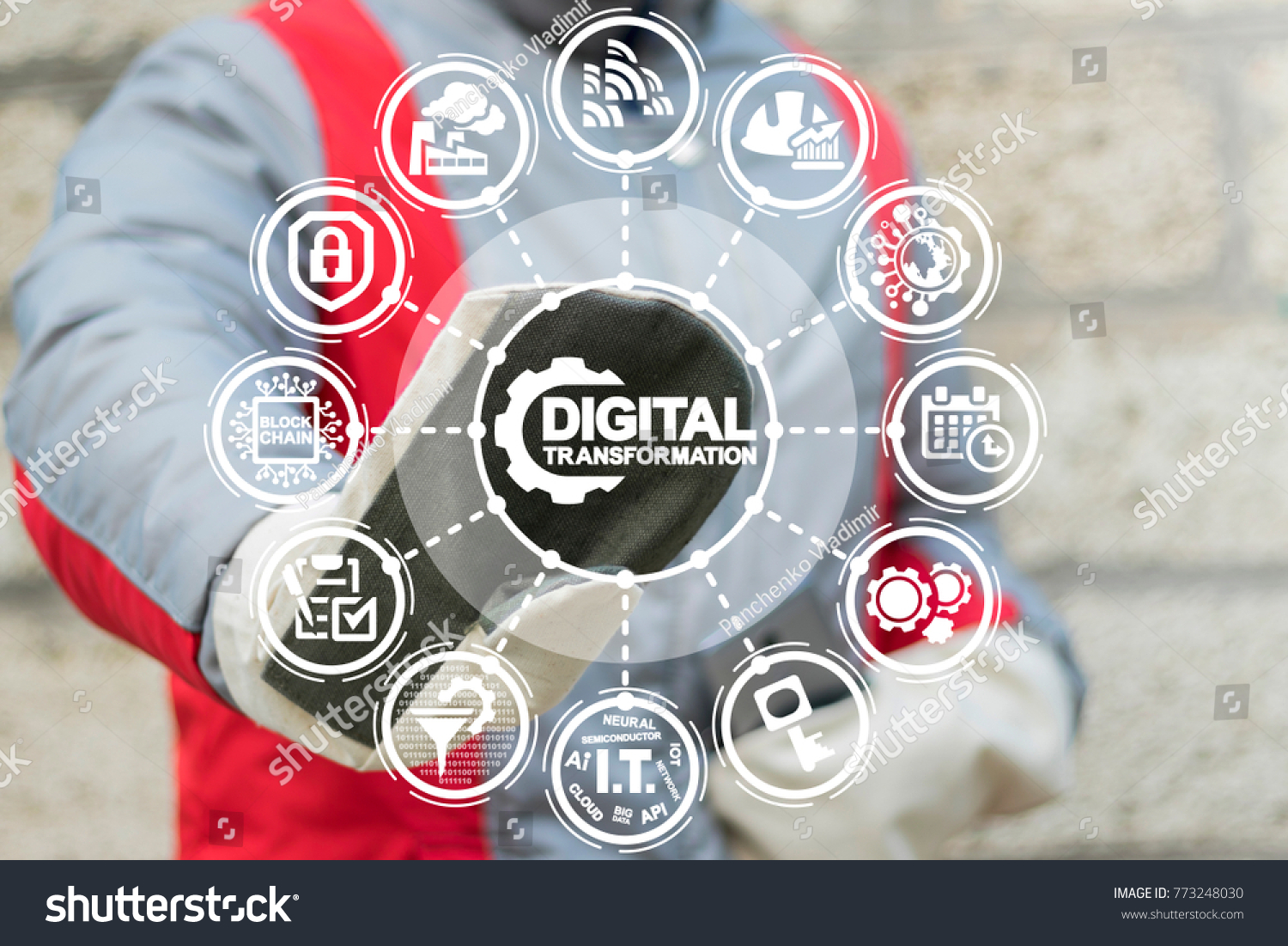 Industrial worker using virtual touchscreen presses cogwheel digital transformation text button. Binary Digital Transformation Computing Modern Integrated Development Industry 4.0 Project concept. #773248030