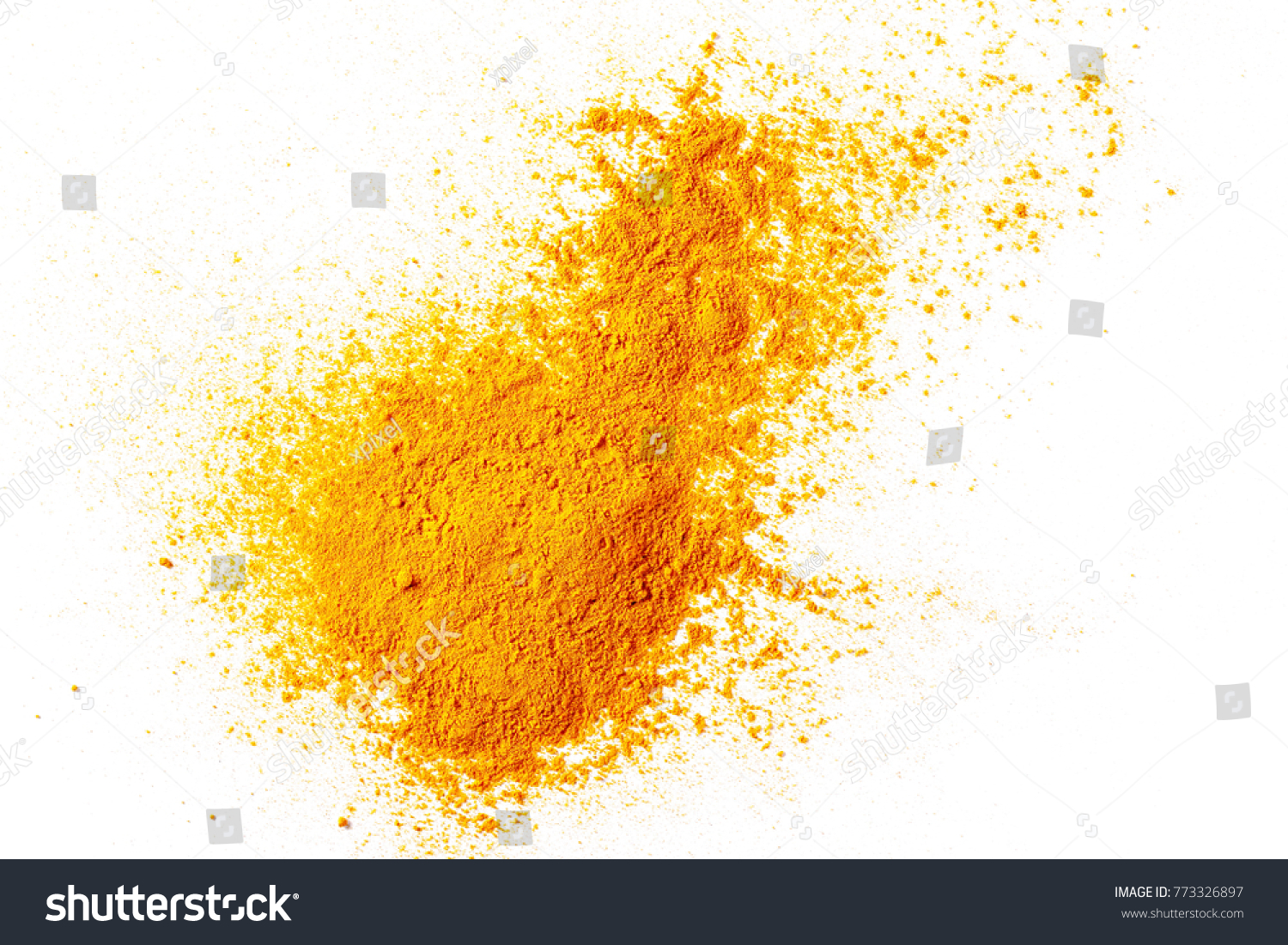 Turmeric (Curcuma) powder pile isolated on white background, top view #773326897