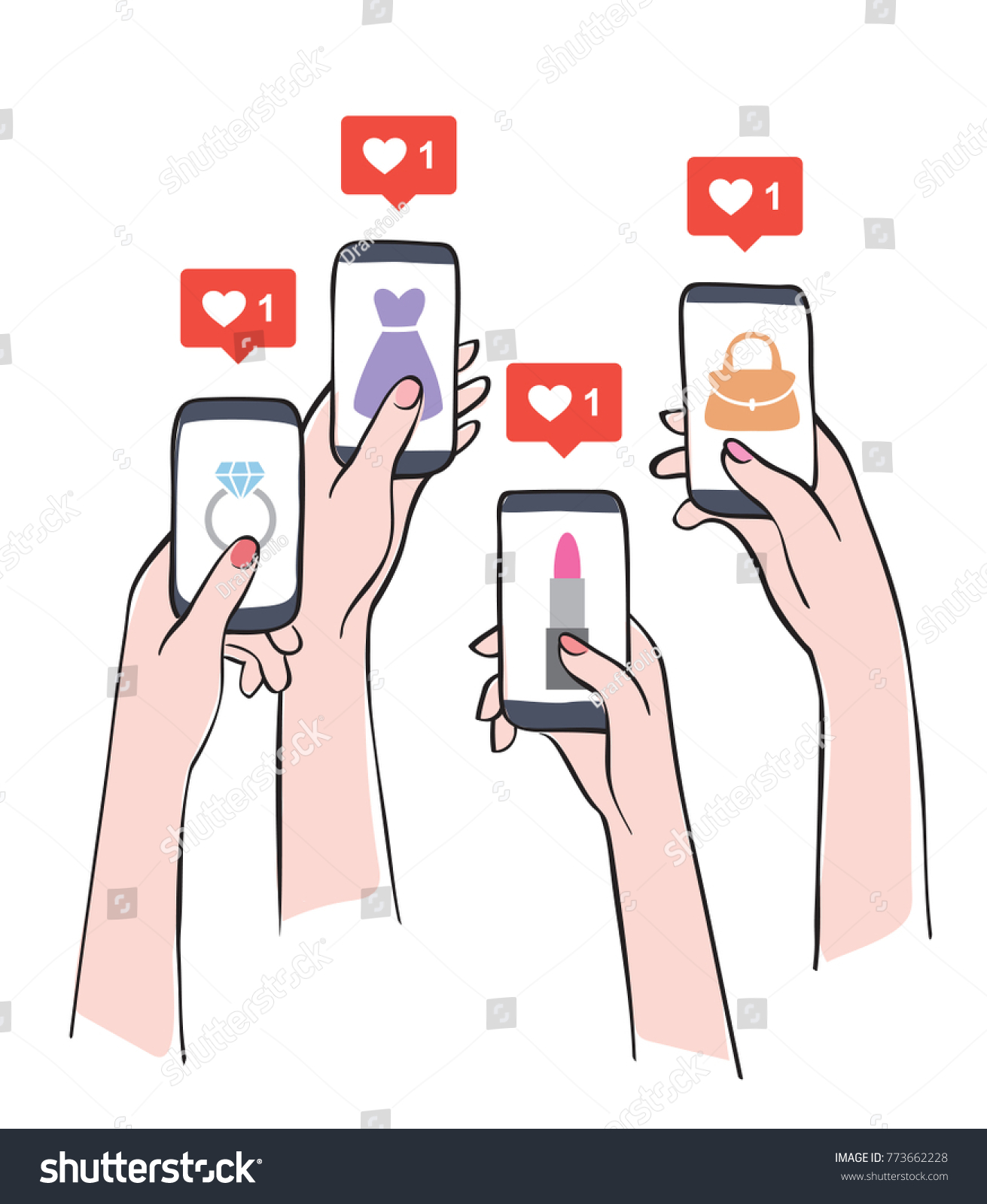 Social media marketing reaching potential customers. female hands holding smartphones with shop items on the screen.
 #773662228