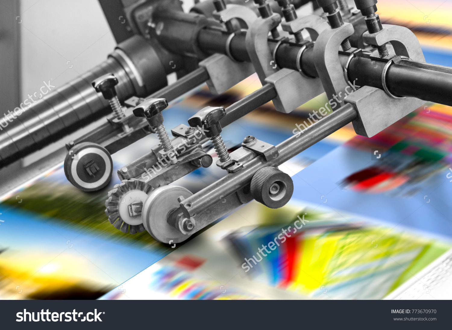 Printing at high speed on offset machine. Label, Rolled Up, Printing Out, Group of Objects, Merchandise #773670970