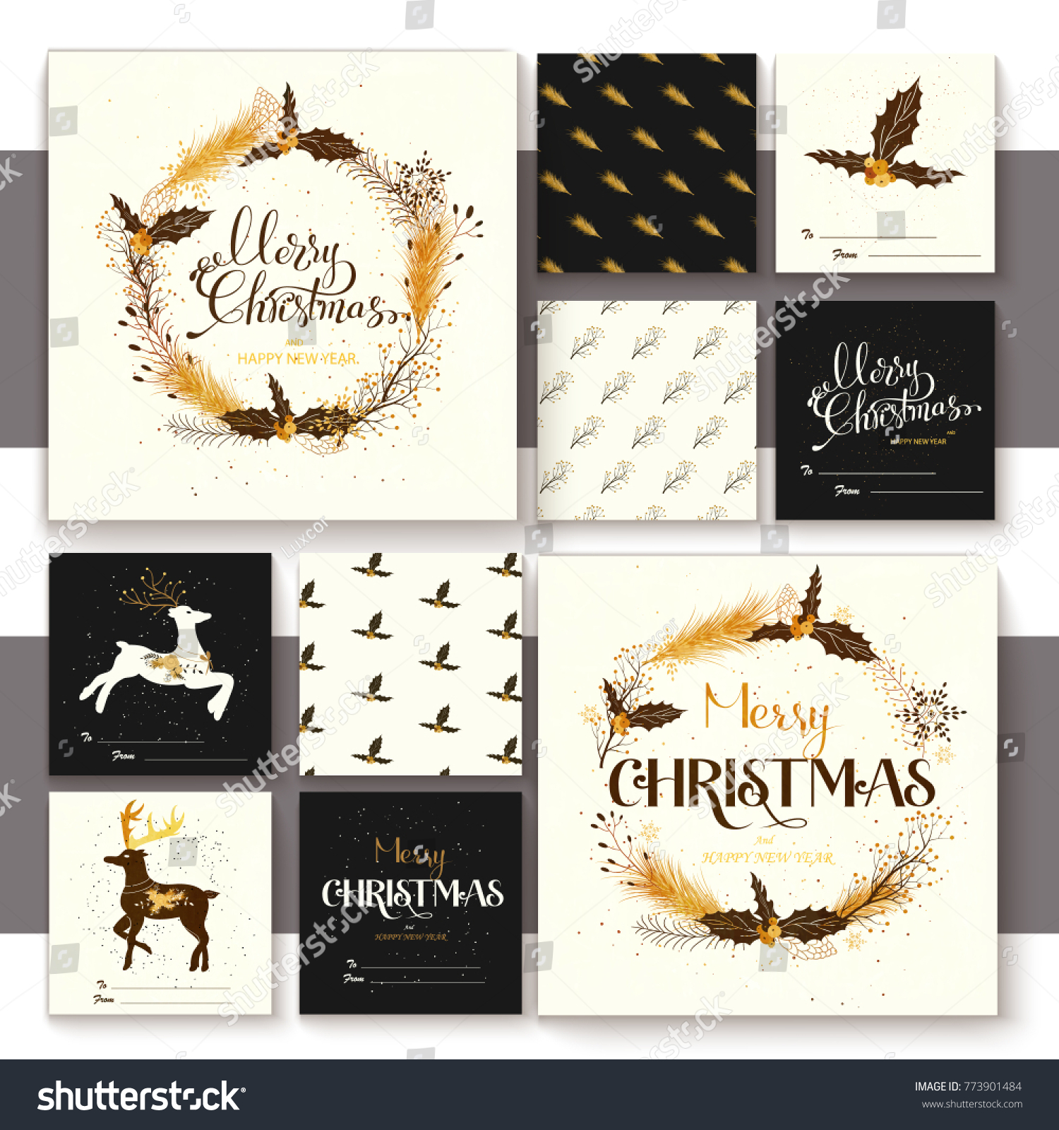 Set of merry christmas elements with lettering, seamless pattern and illustration. Retro golden stile. #773901484