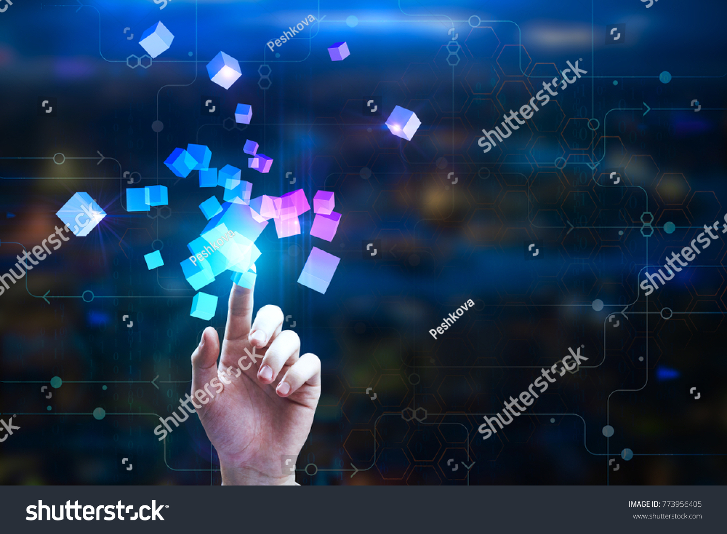 Female hand pointing at abstract glowing cubes on blurry circuit background. Innovation and creativity concept. Double exposure  #773956405