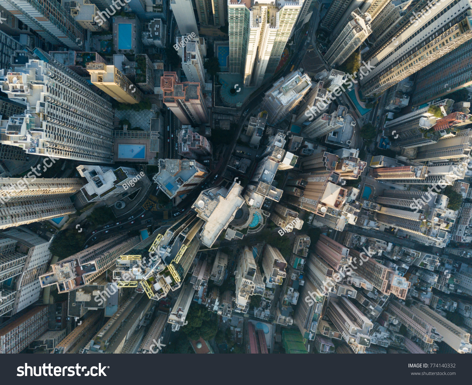City Top View of Skyscrapers Building by drone Hong Kong city - Aerial view cityscape flying above Hong Kong City development buildings, energy power infrastructure Financial and business center Asia #774140332