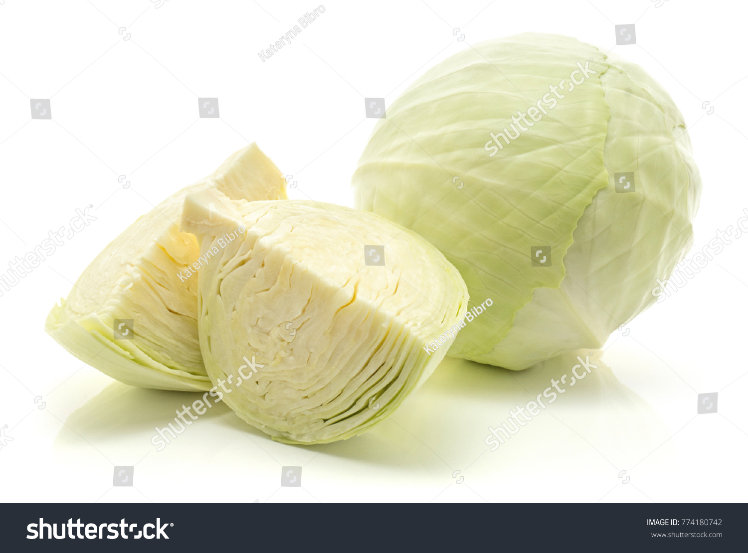 White cabbage isolated on white background one whole head and two quarters
 #774180742