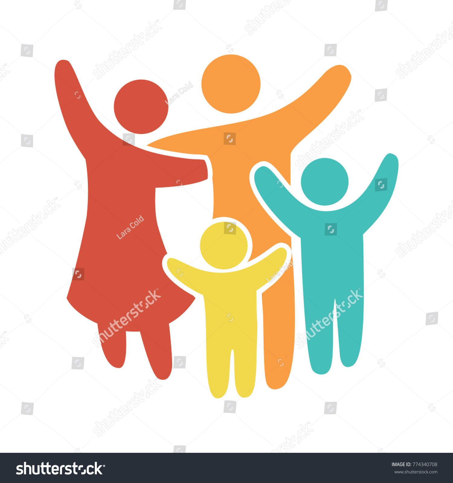 Happy family icon multicolored in simple figures. Two children, dad and mom stand together. Vector can be used as logotype. #774340708