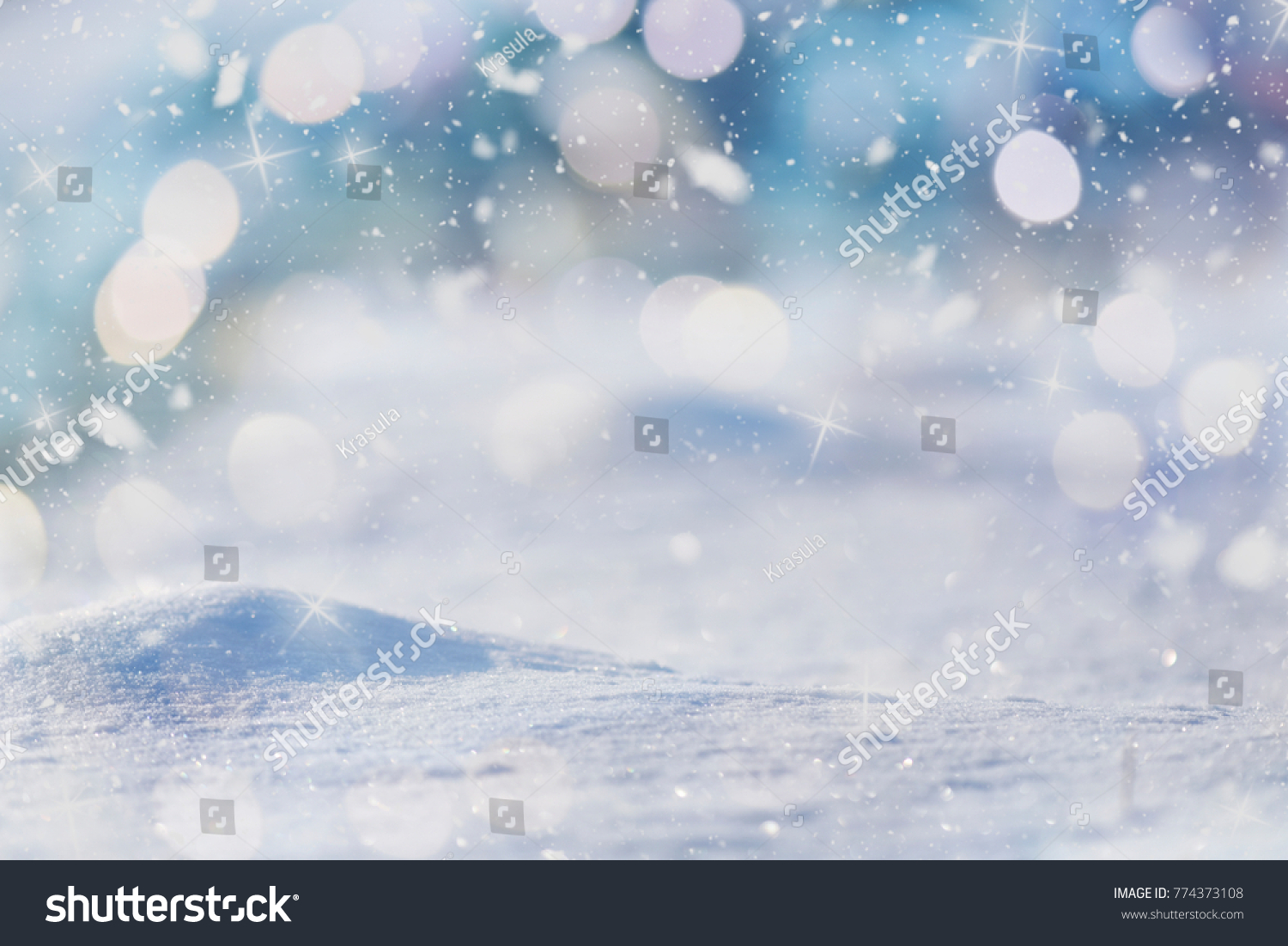 Winter abstract background, Colour glitters on snow. Christmas abrstact with shiny glitters #774373108