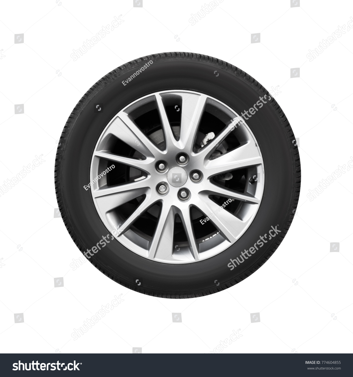 Modern car wheel on light alloy disc, front view isolated on white background #774604855