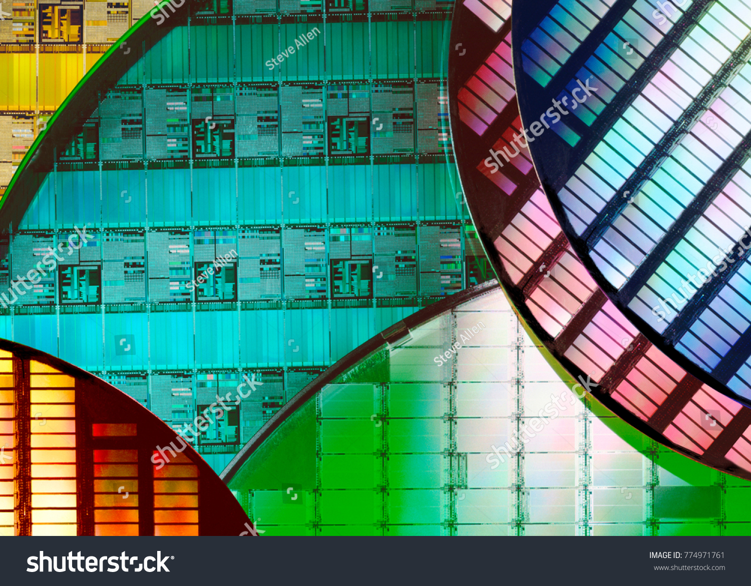 Silicon Wafers and Microcircuits - A wafer is a thin slice of semiconductor material, such as a crystalline silicon, used in electronics for the fabrication of integrated circuits.  #774971761