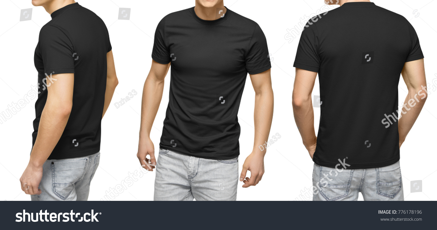 Young male in blank black t-shirt, front and back view, isolated white background with clipping path. Design men t shirt template and mock-up for print #776178196