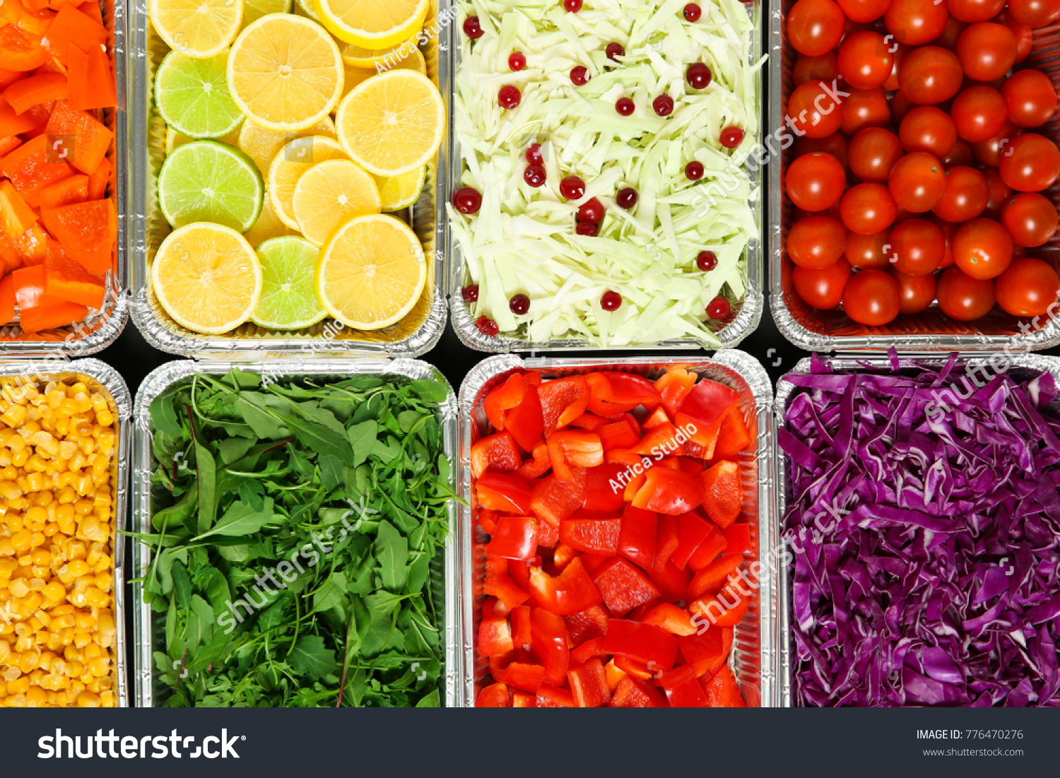 Top view of salad bar with assortment of ingredients #776470276