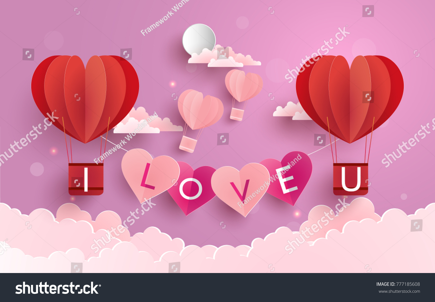 illustration symbol of love with the design of paper art and craft. a purple background with clouds and hot air balloons as a symbol of love #777185608