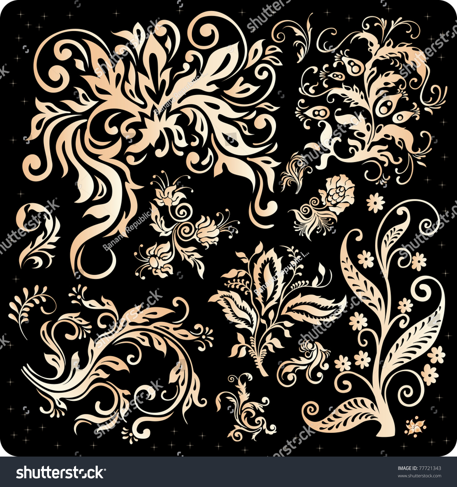 golden floral elements isolated on black #77721343