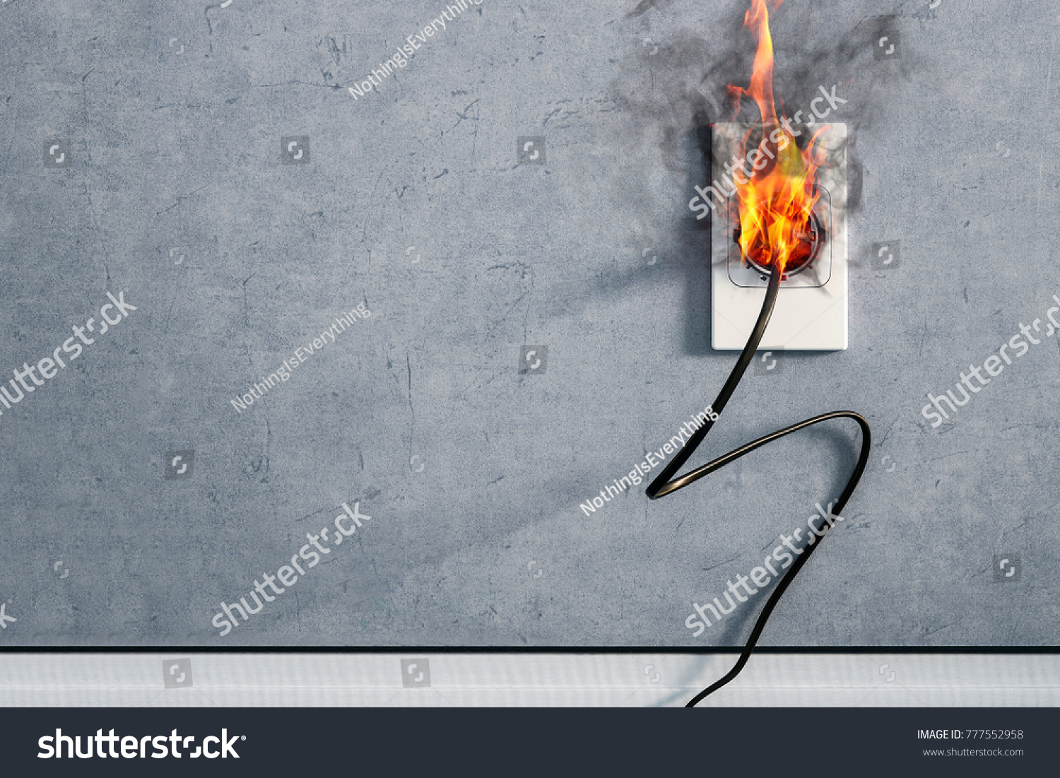 fire and smoke on electric wire plug in indoor, electric short circuit causing fire on plug socket #777552958