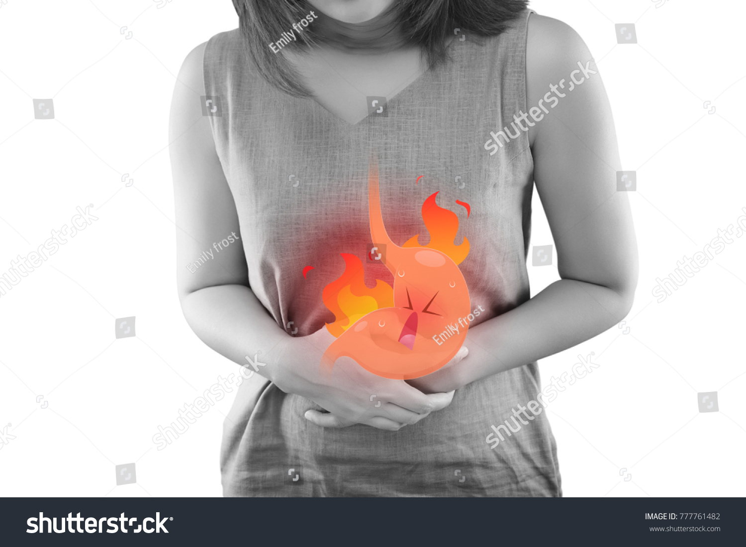 The Photo Of Cartoon Stomach On Woman's Body Against White Background, Acid Reflux Disease Symptoms Or Heartburn, Concept With Healthcare And Medicine #777761482