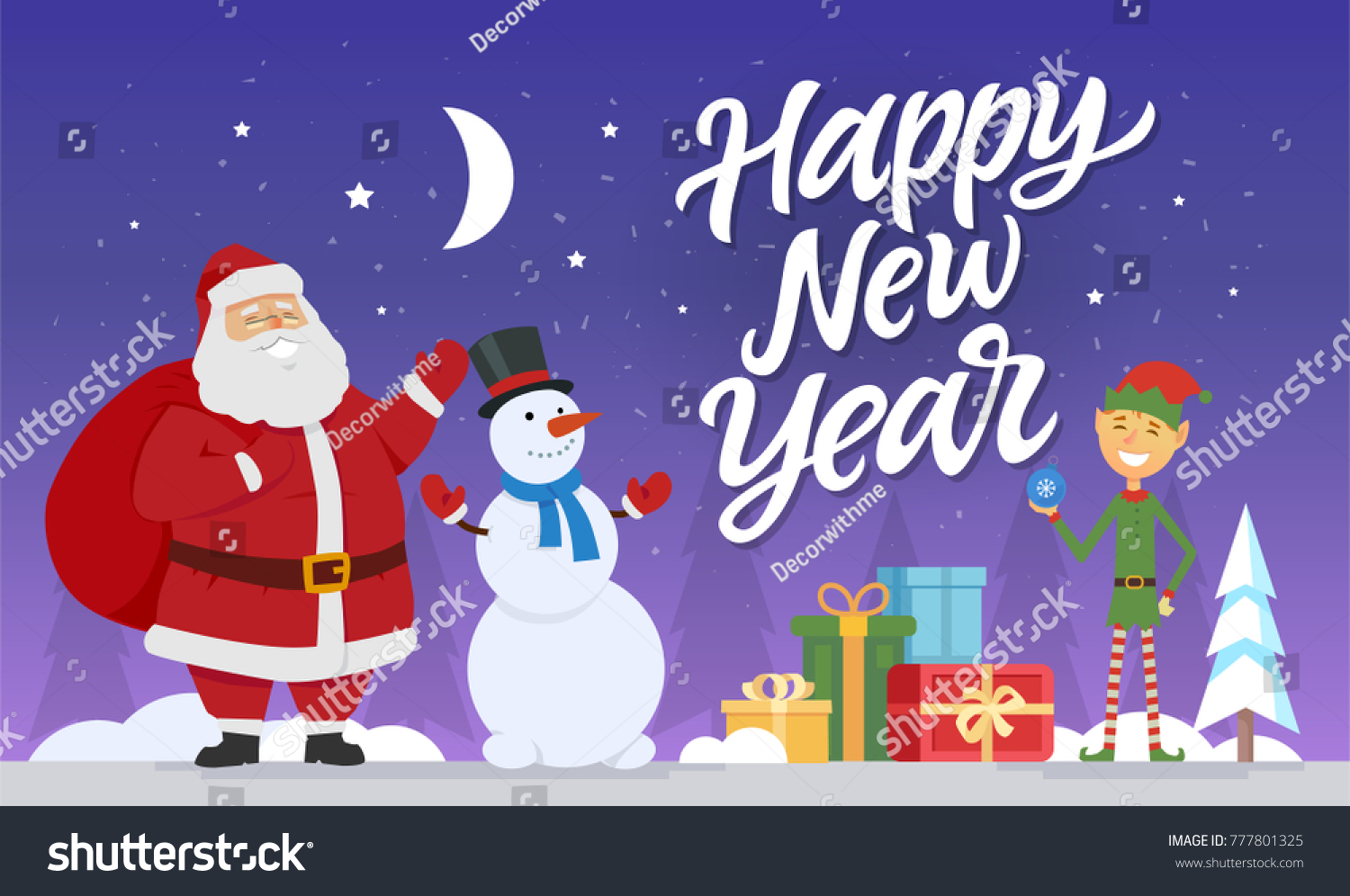 Happy New Year - modern cartoon characters illustration with hand drawn brush pen lettering. Santa Claus with snowman and elf standing with presents in a night winter forest. Stars and moon in the sky #777801325