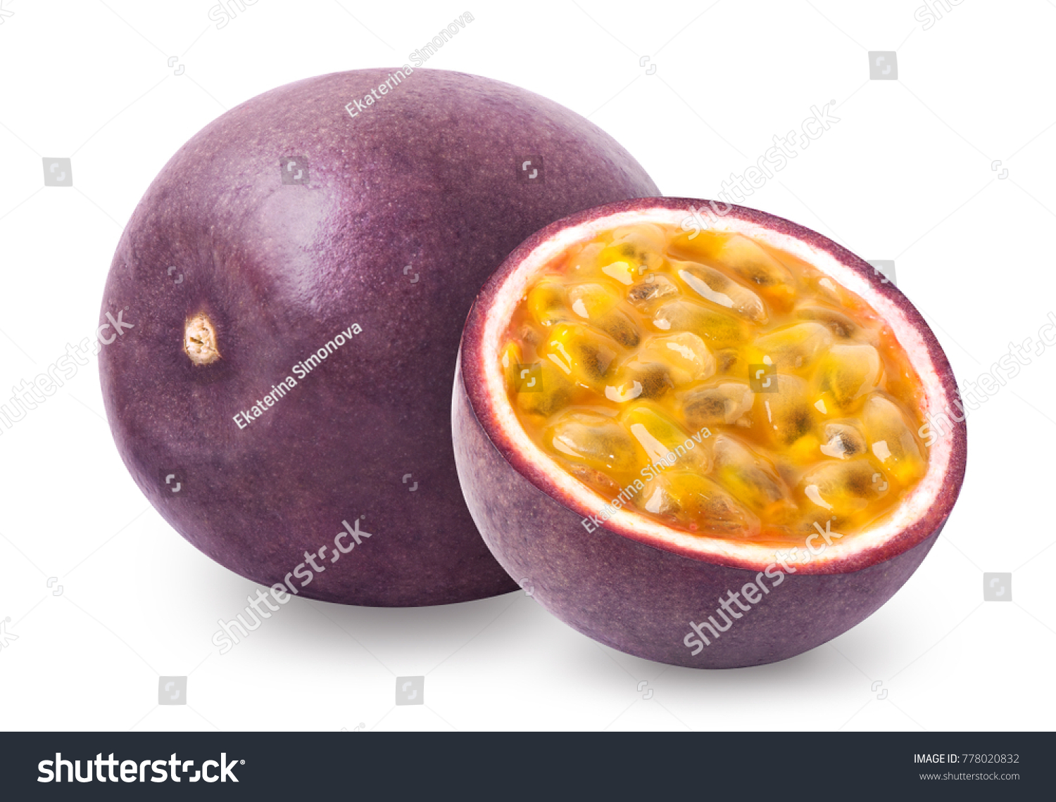 Passion fruit isolated. Whole passionfruit and a half of maracuya isolated on white background. Clipping path included. #778020832