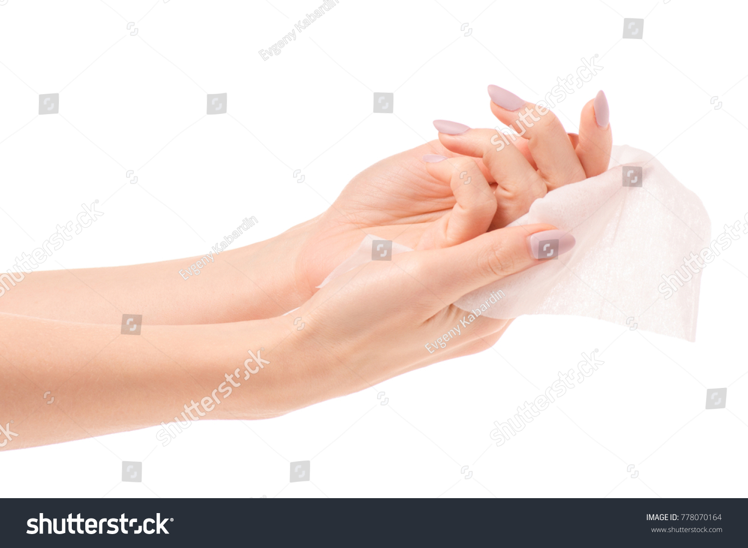 Female hand wet wipe on white background isolation #778070164