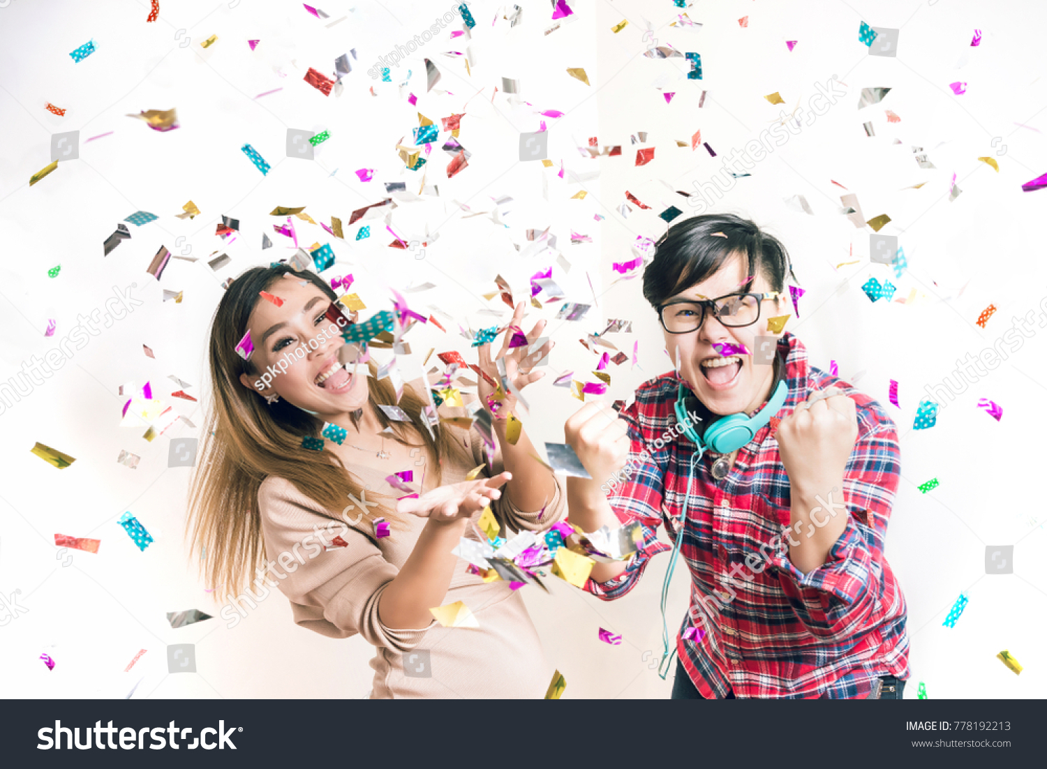 Party People - Surprise Birthday Party Celebrate having Fun and Enjoy with Colorful Confetti and Dancing with Friends or Event Christmas , New Year - Happy Emotion #778192213