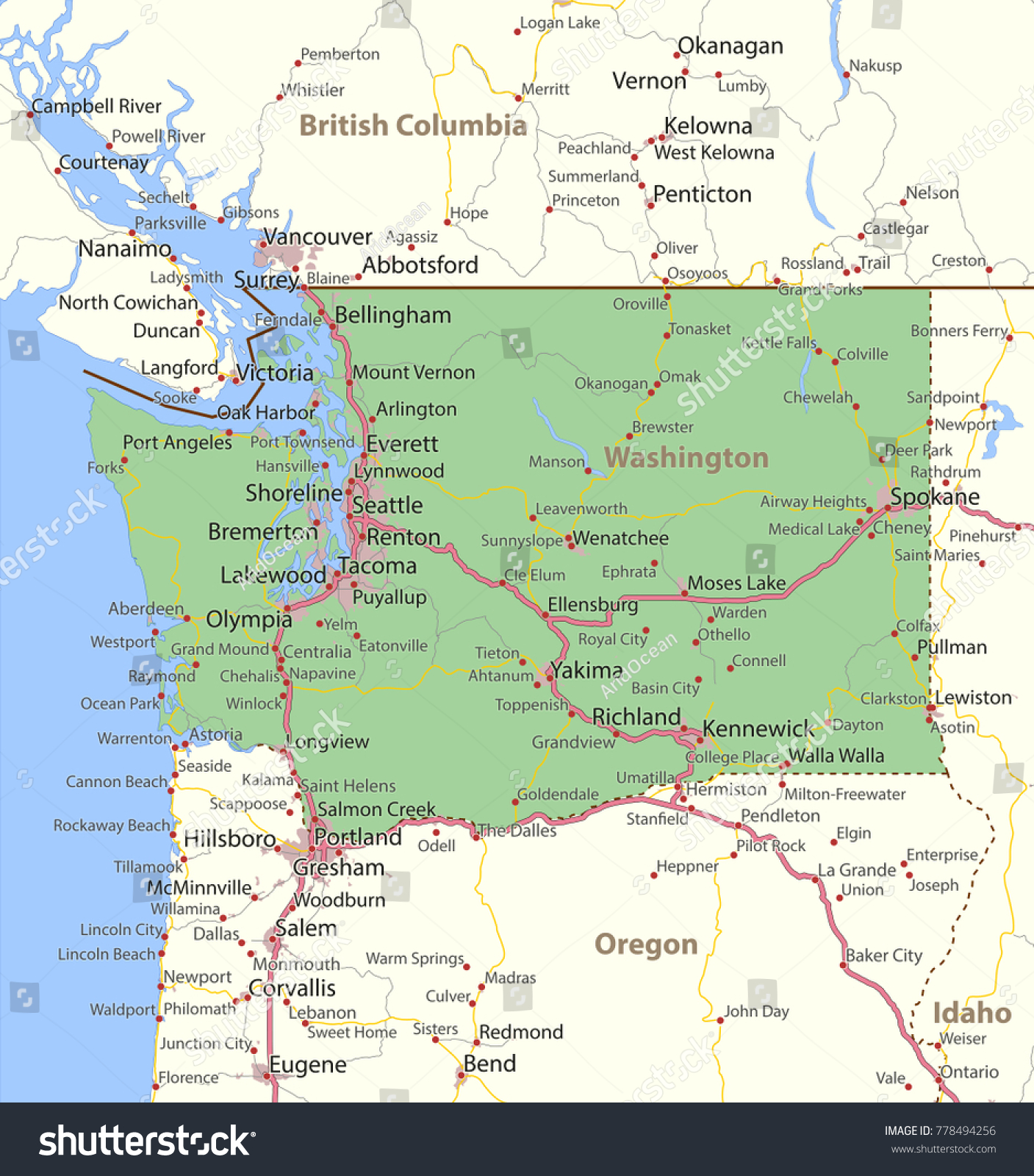 Washington map. Shows state borders, urban areas - Royalty Free Stock ...