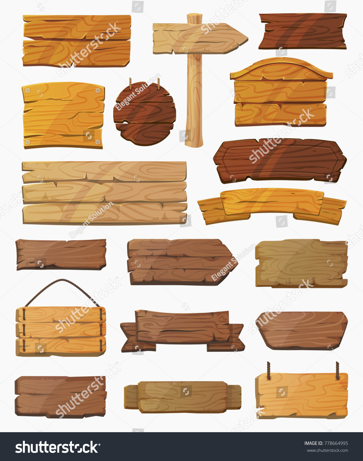 Blank or empty, clear isolated wooden planks or signboards. Set of vintage or old, retro banners with nails. Signs for messages or pointers with arrow for pathfinding. Signpost at desert, information