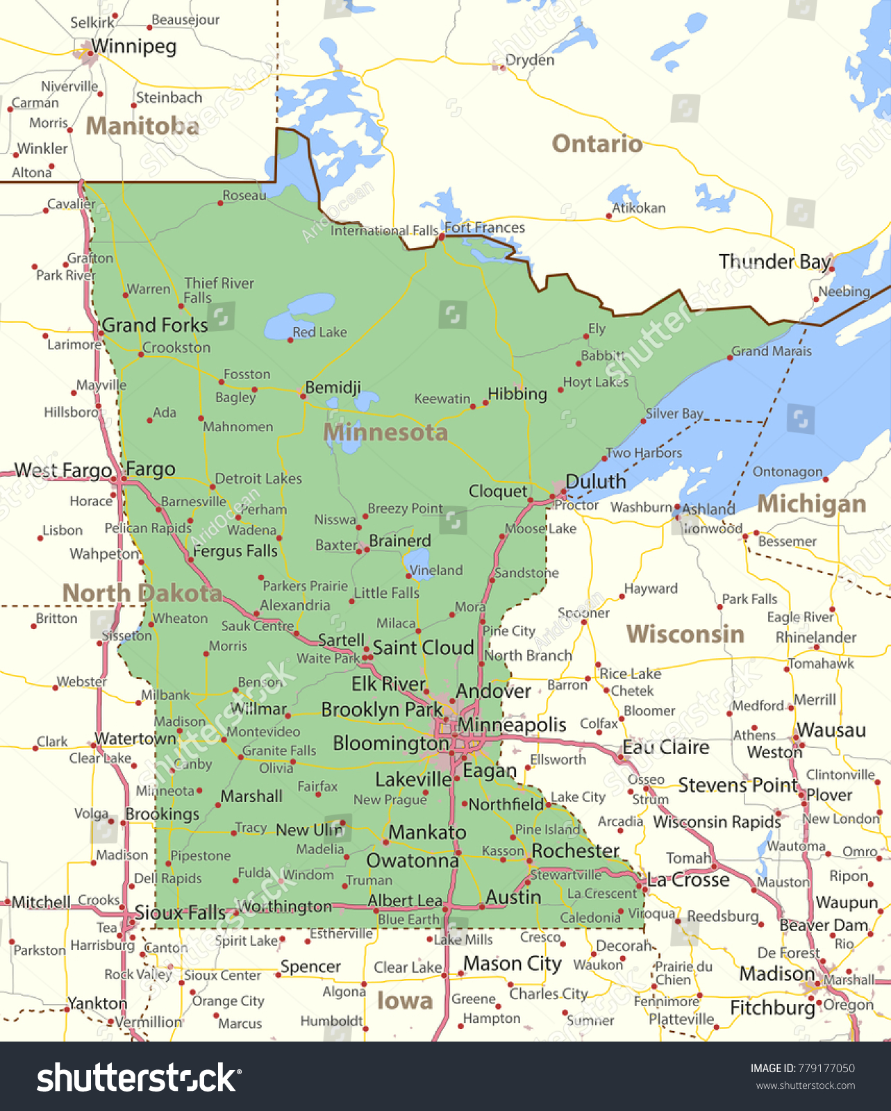 Minnesota map. Shows state borders, urban areas, - Royalty Free Stock ...