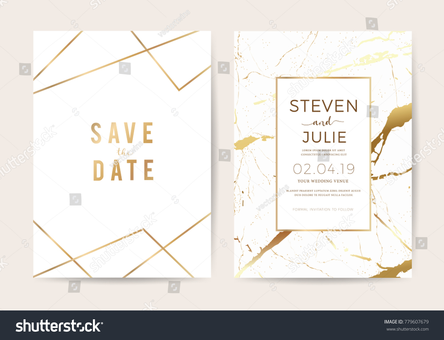 Luxury wedding invitation cards with gold marble texture and geometric pattern vector design template #779607679