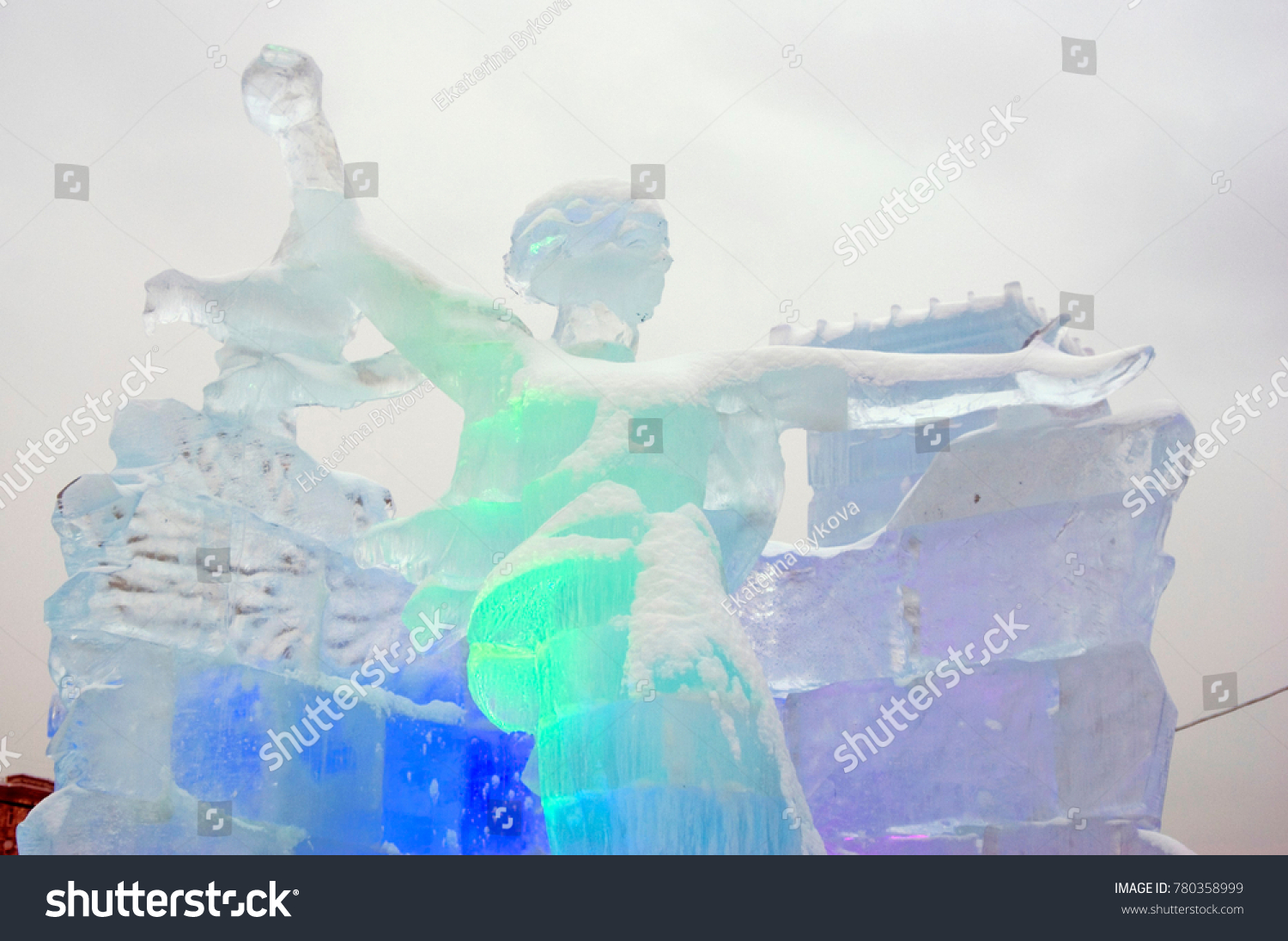 MOSCOW - JANUARY 05, 2017: Ice figures shown on Poklonnaya Hill in Moscow. Figures represent different landmarks of Russia. Christmas and New Year decoration. Color photo. #780358999