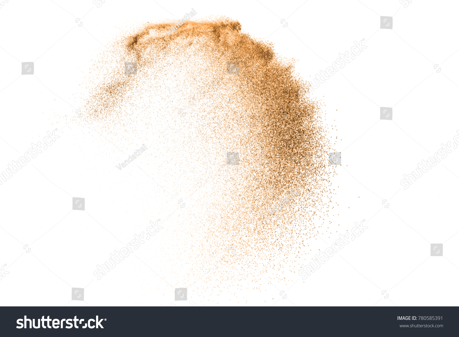 Gold sand explosion isolated on white background. Abstract sand cloud splash. Sandy fly wave in the air. #780585391