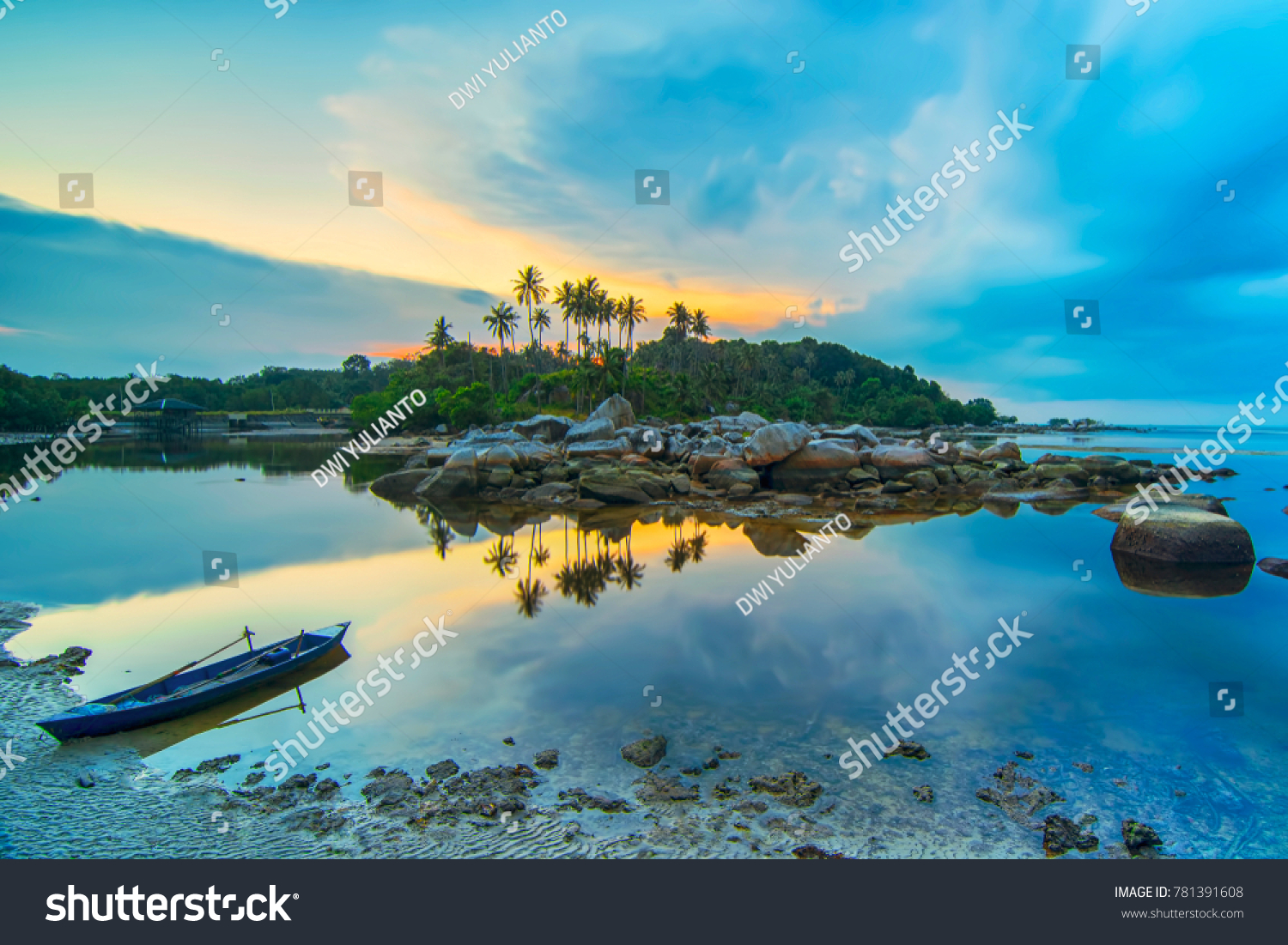 
Beauty sunset and boat fishermen village bintan island #781391608