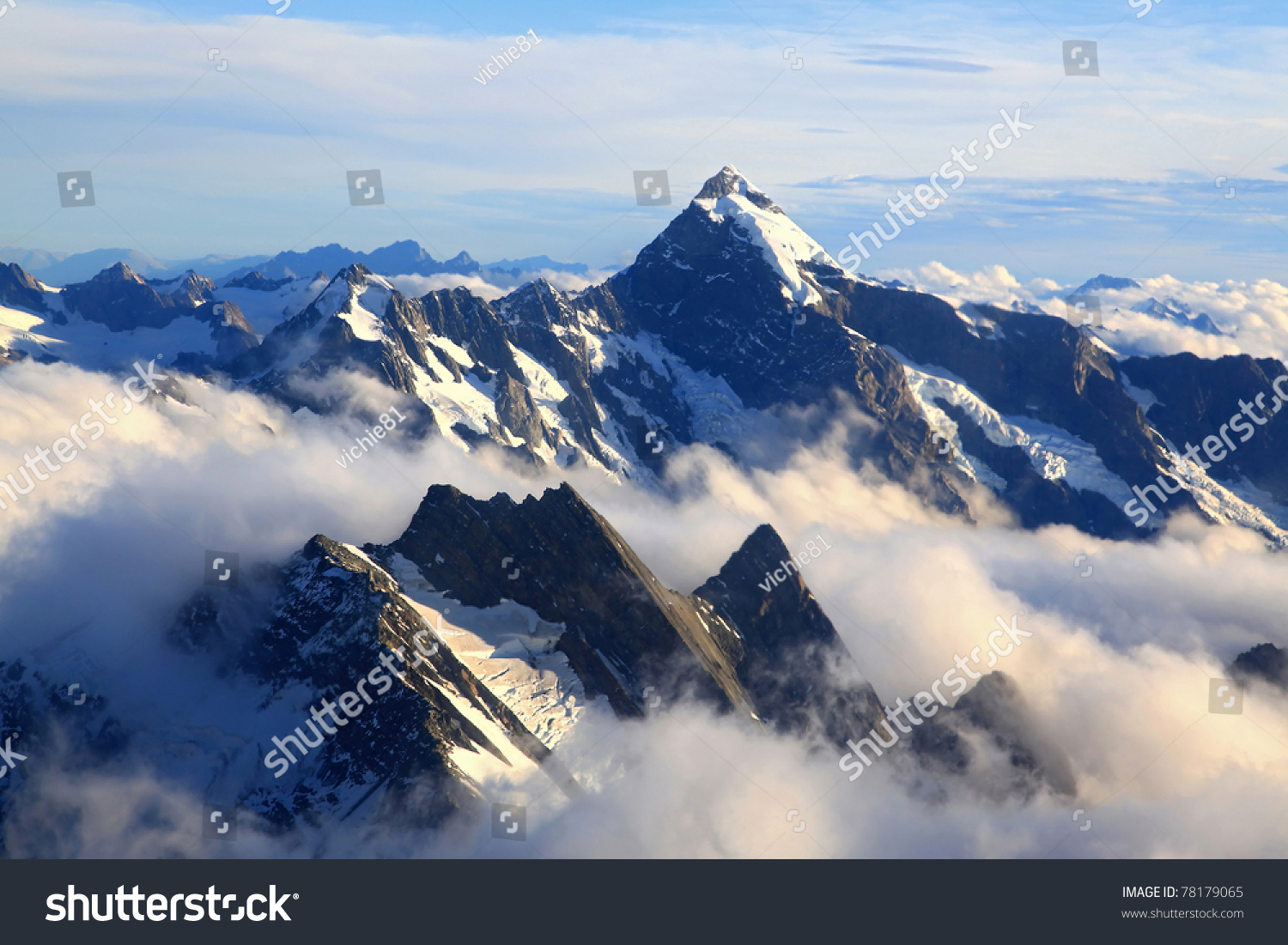 Alps Alpine Landscape of Mountain Cook Range Peak with mist from Helicopter, New Zealand #78179065