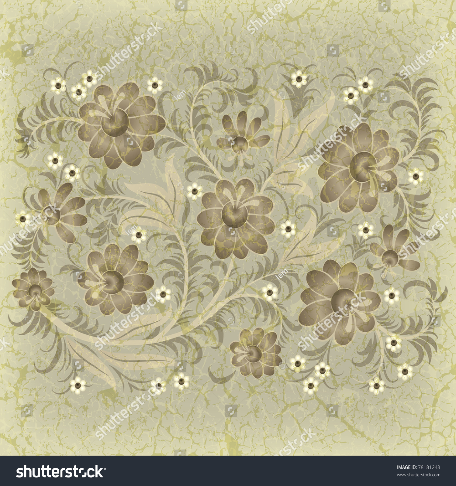 abstract grunge floral ornament with flowers on beige #78181243